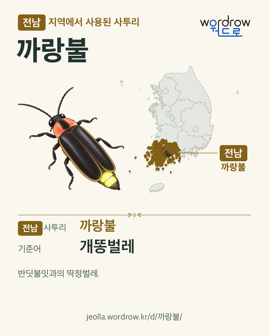 전남 지역에서 사용된 사투리 ‘까랑불’. 기준어: 개똥벌레. 기록 지역을 표시한 카툰 삽화와 지도 카드.