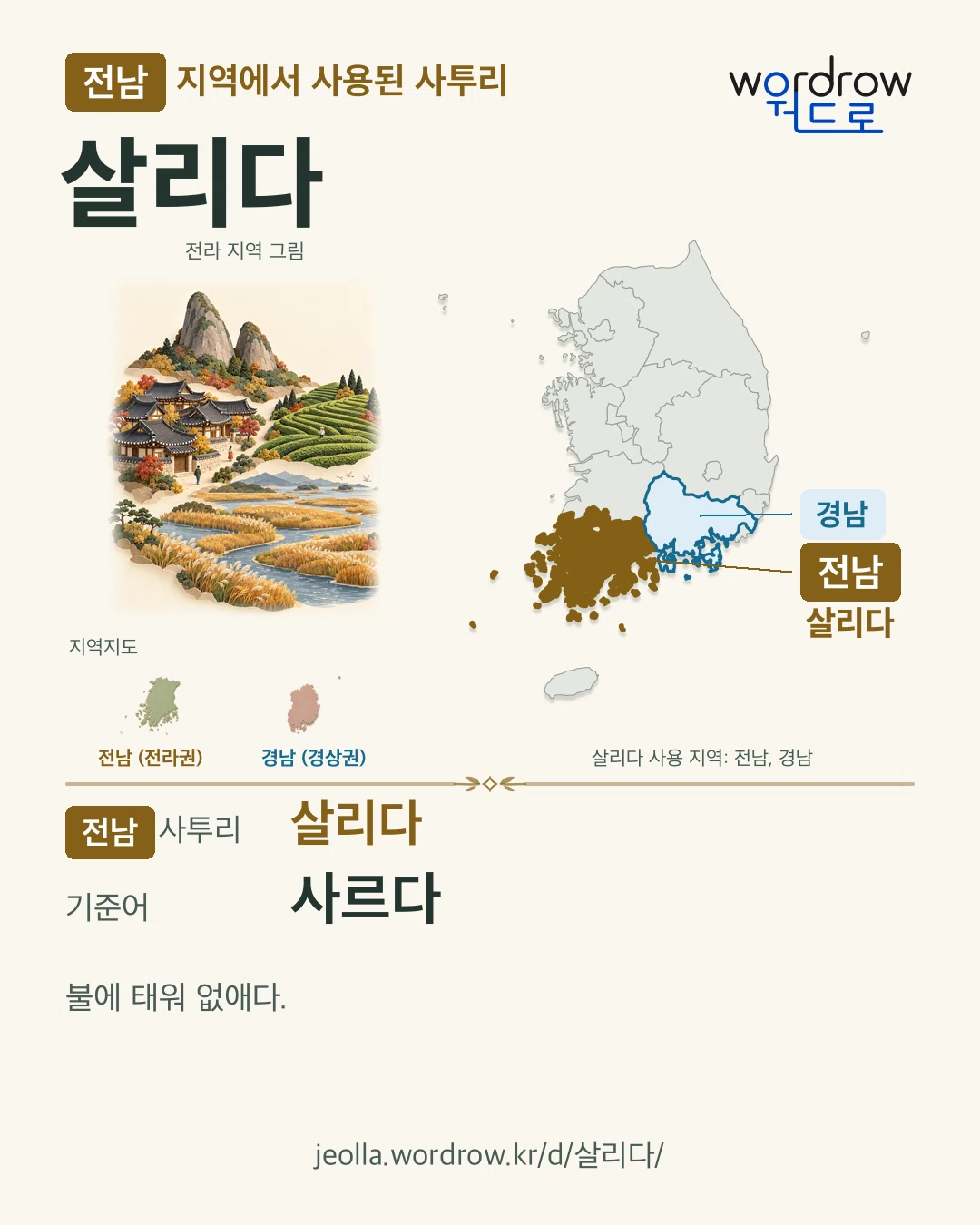 전남 지역에서 사용된 사투리 ‘살리다’. 기준어: 사르다. 기록 지역을 표시한 지역 그림과 지도 카드.
