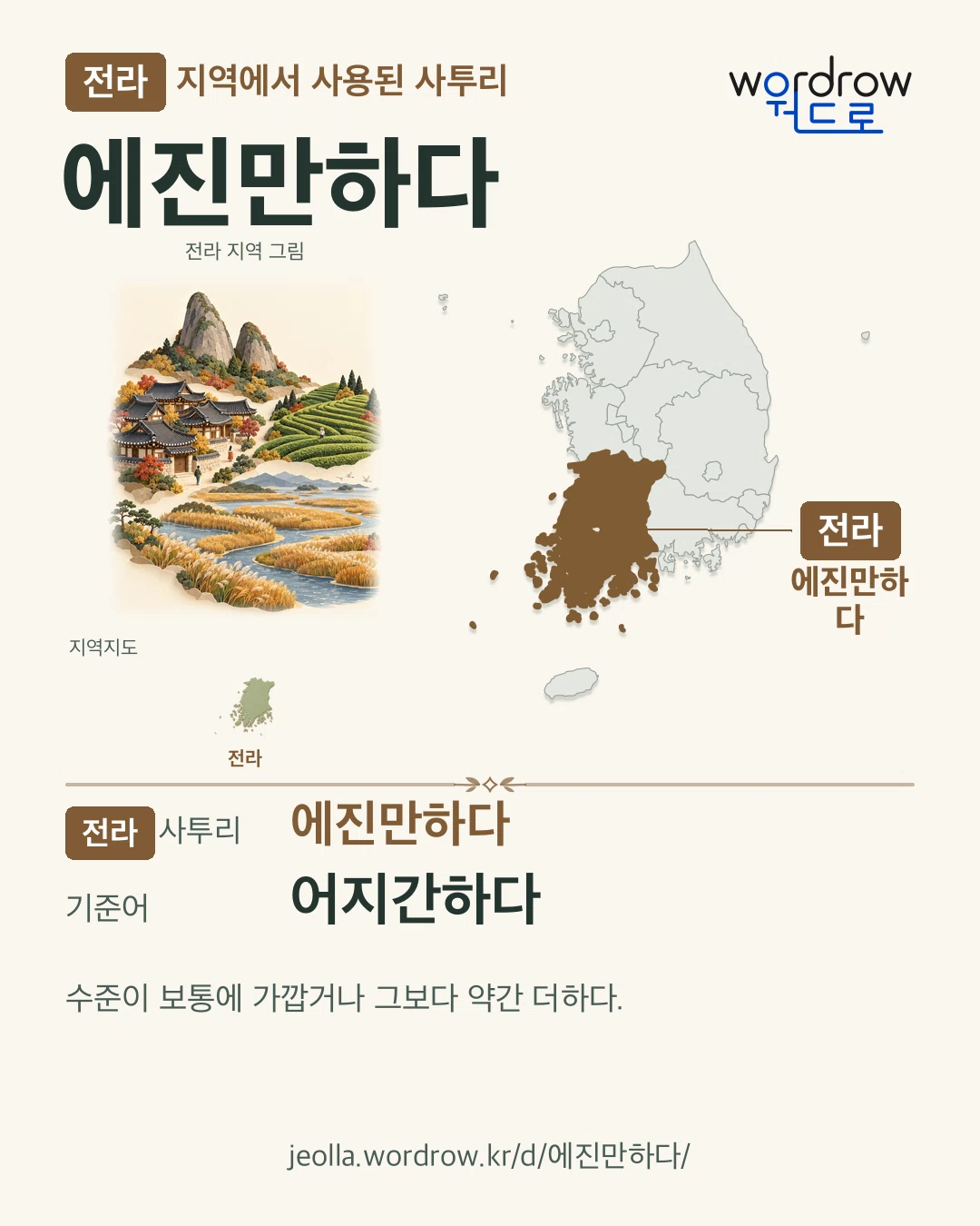 전라 지역에서 사용된 사투리 ‘에진만하다’. 기준어: 어지간하다. 기록 지역을 표시한 지역 그림과 지도 카드.