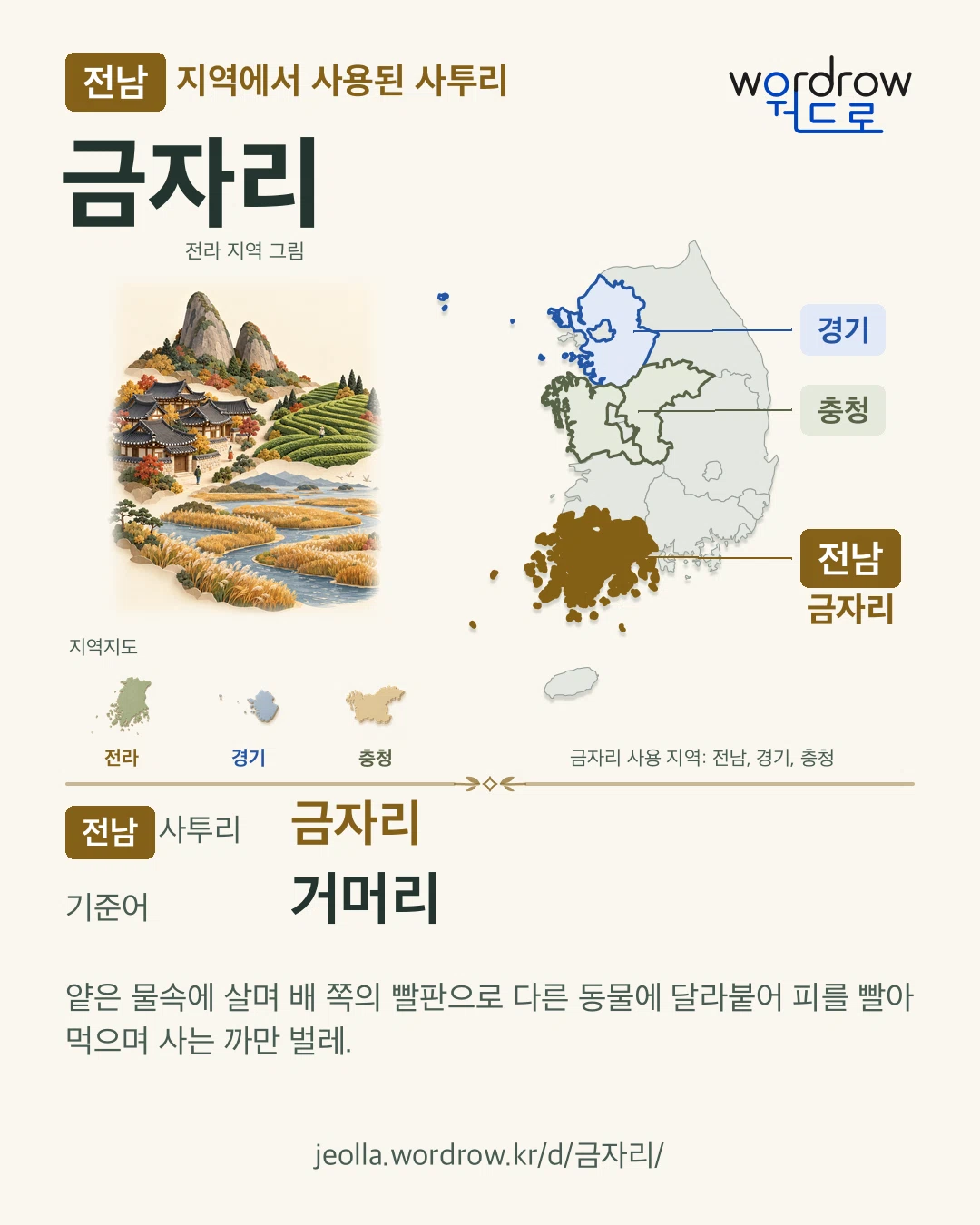 전남 지역에서 사용된 사투리 ‘금자리’. 기준어: 거머리. 기록 지역을 표시한 지역 그림과 지도 카드.