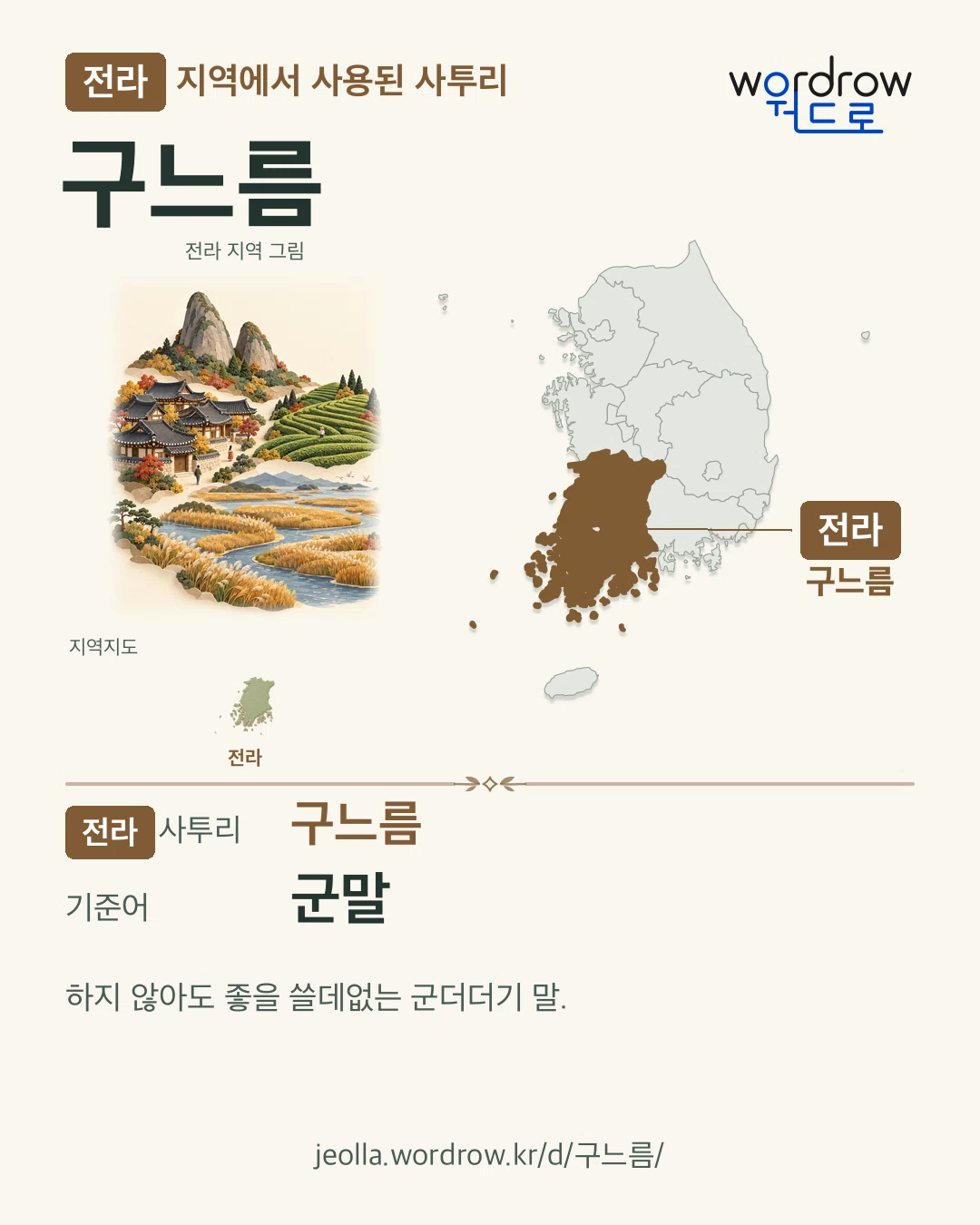 전라 지역에서 사용된 사투리 ‘구느름’. 기준어: 군말. 기록 지역을 표시한 지역 그림과 지도 카드.