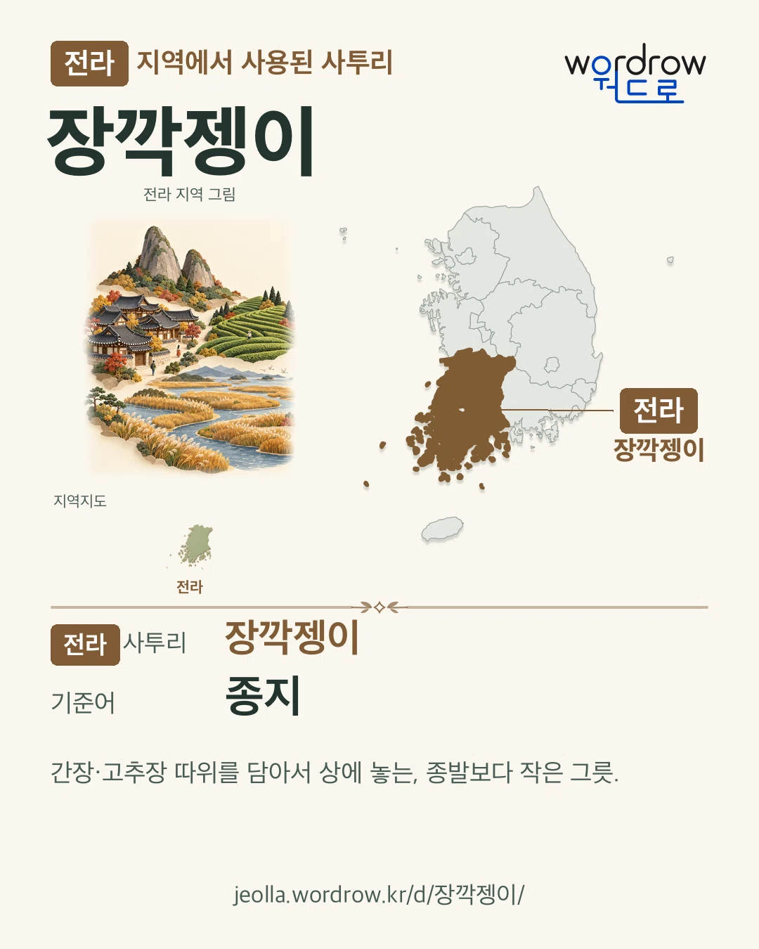 전라 지역에서 사용된 사투리 ‘장깍젱이’. 기준어: 종지. 기록 지역을 표시한 지역 그림과 지도 카드.