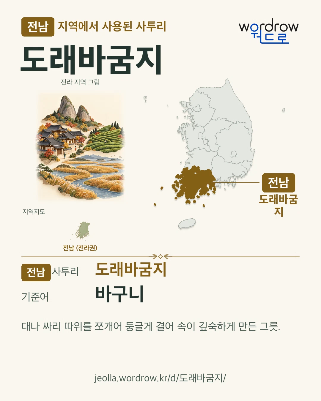 전남 지역에서 사용된 사투리 ‘도래바굼지’. 기준어: 바구니. 기록 지역을 표시한 지역 그림과 지도 카드.