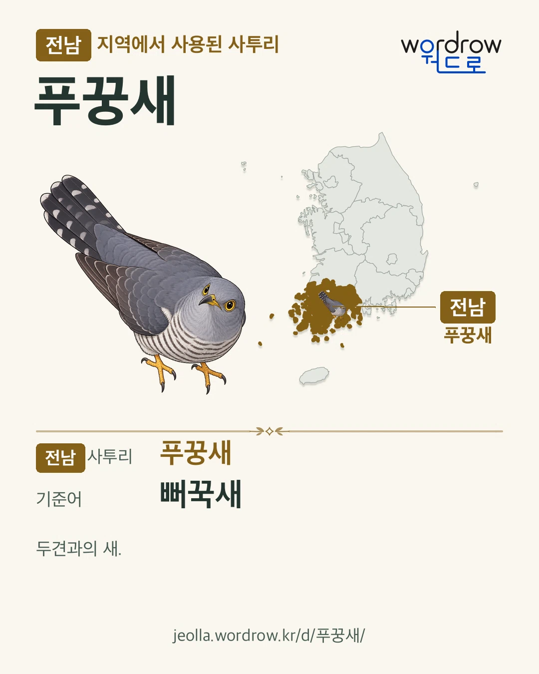 전남 지역에서 사용된 사투리 ‘푸꿍새’. 기준어: 뻐꾹새. 기록 지역을 표시한 카툰 삽화와 지도 카드.