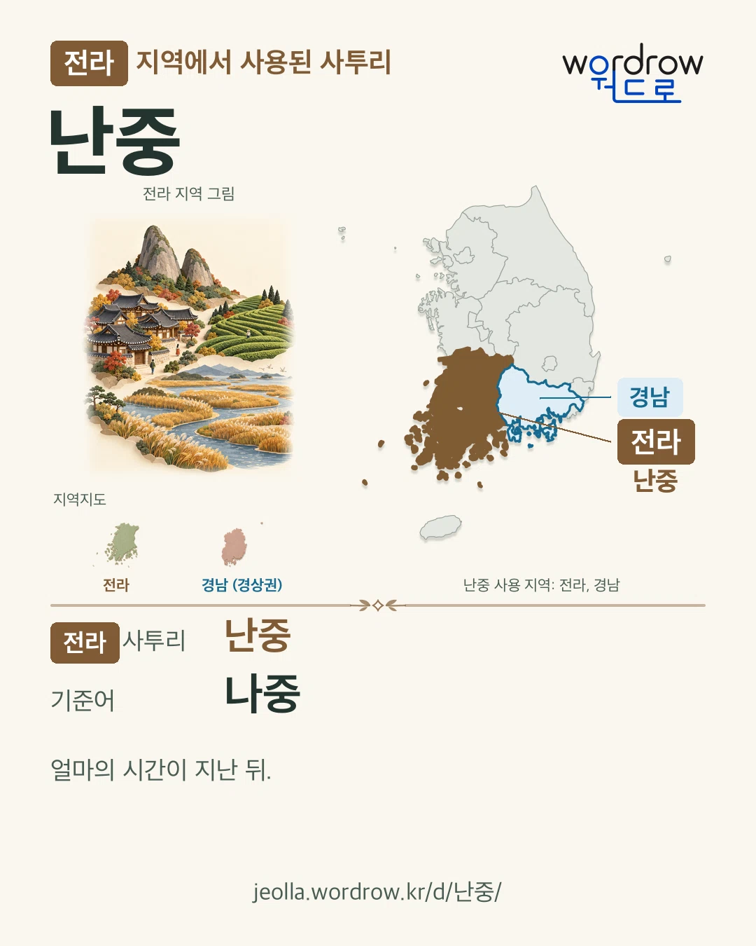 전라 지역에서 사용된 사투리 ‘난중’. 기준어: 나중. 기록 지역을 표시한 지역 그림과 지도 카드.