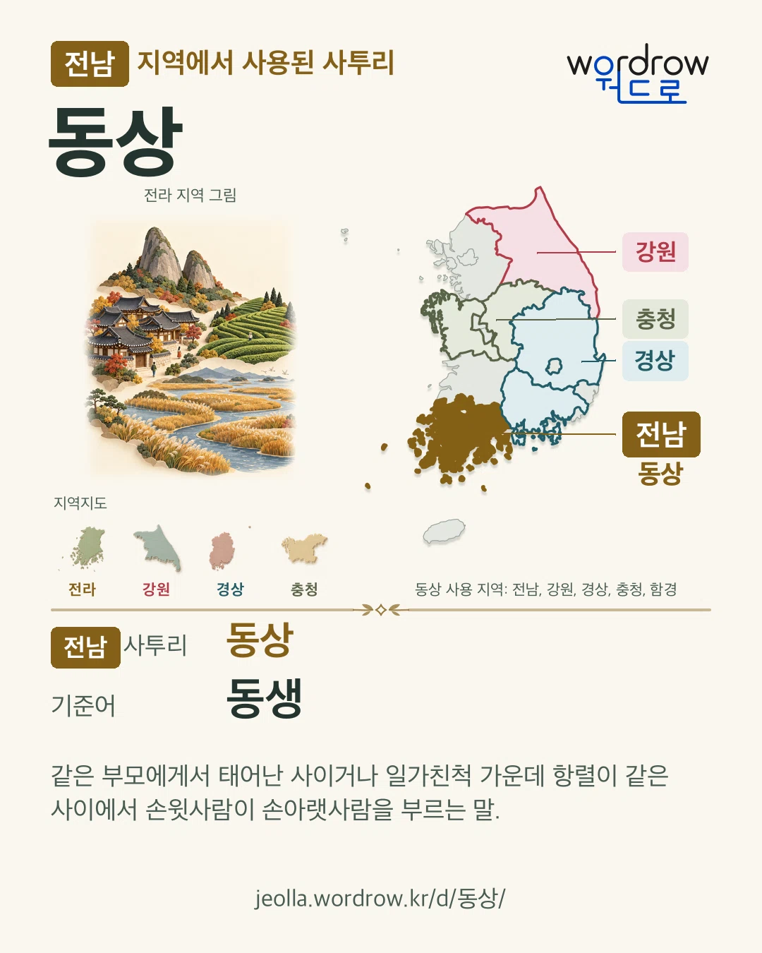 전남 지역에서 사용된 사투리 ‘동상’. 기준어: 동생. 기록 지역을 표시한 지역 그림과 지도 카드.