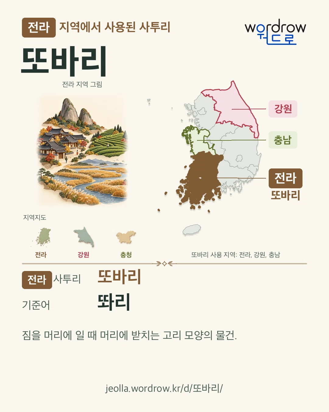 전라 지역에서 사용된 사투리 ‘또바리’. 기준어: 똬리. 기록 지역을 표시한 지역 그림과 지도 카드.
