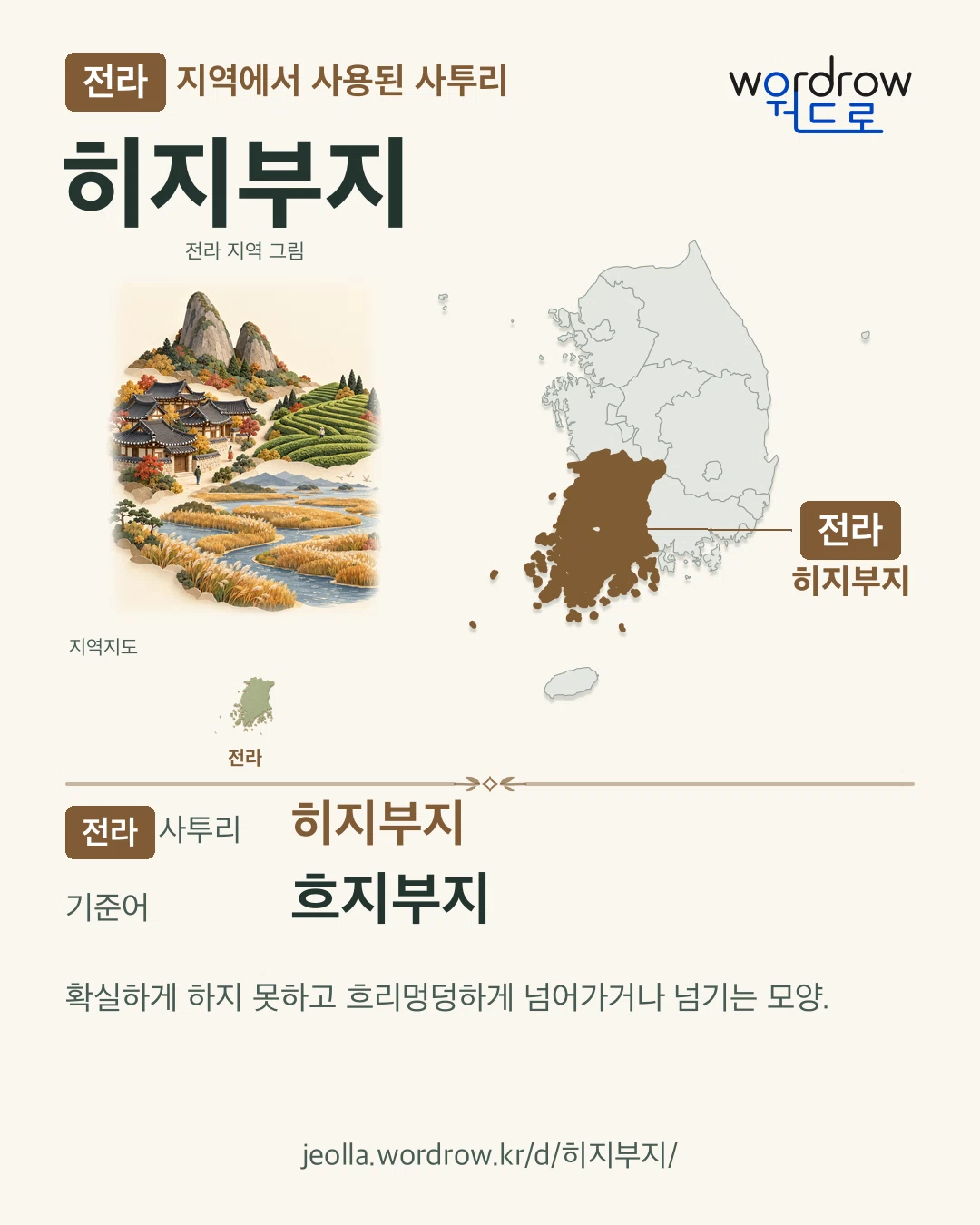 전라 지역에서 사용된 사투리 ‘히지부지’. 기준어: 흐지부지. 기록 지역을 표시한 지역 그림과 지도 카드.