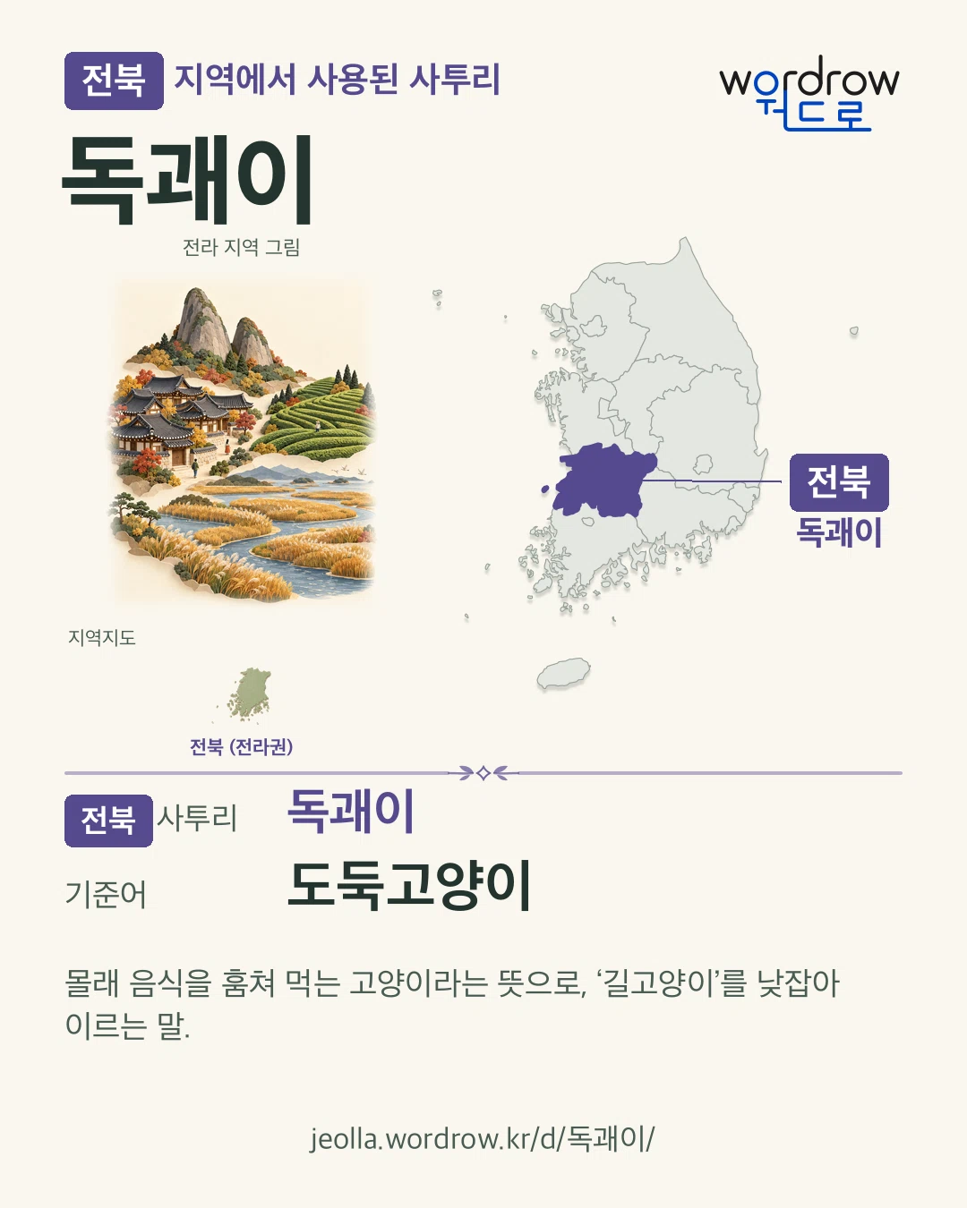 전북 지역에서 사용된 사투리 ‘독괘이’. 기준어: 도둑고양이. 기록 지역을 표시한 지역 그림과 지도 카드.