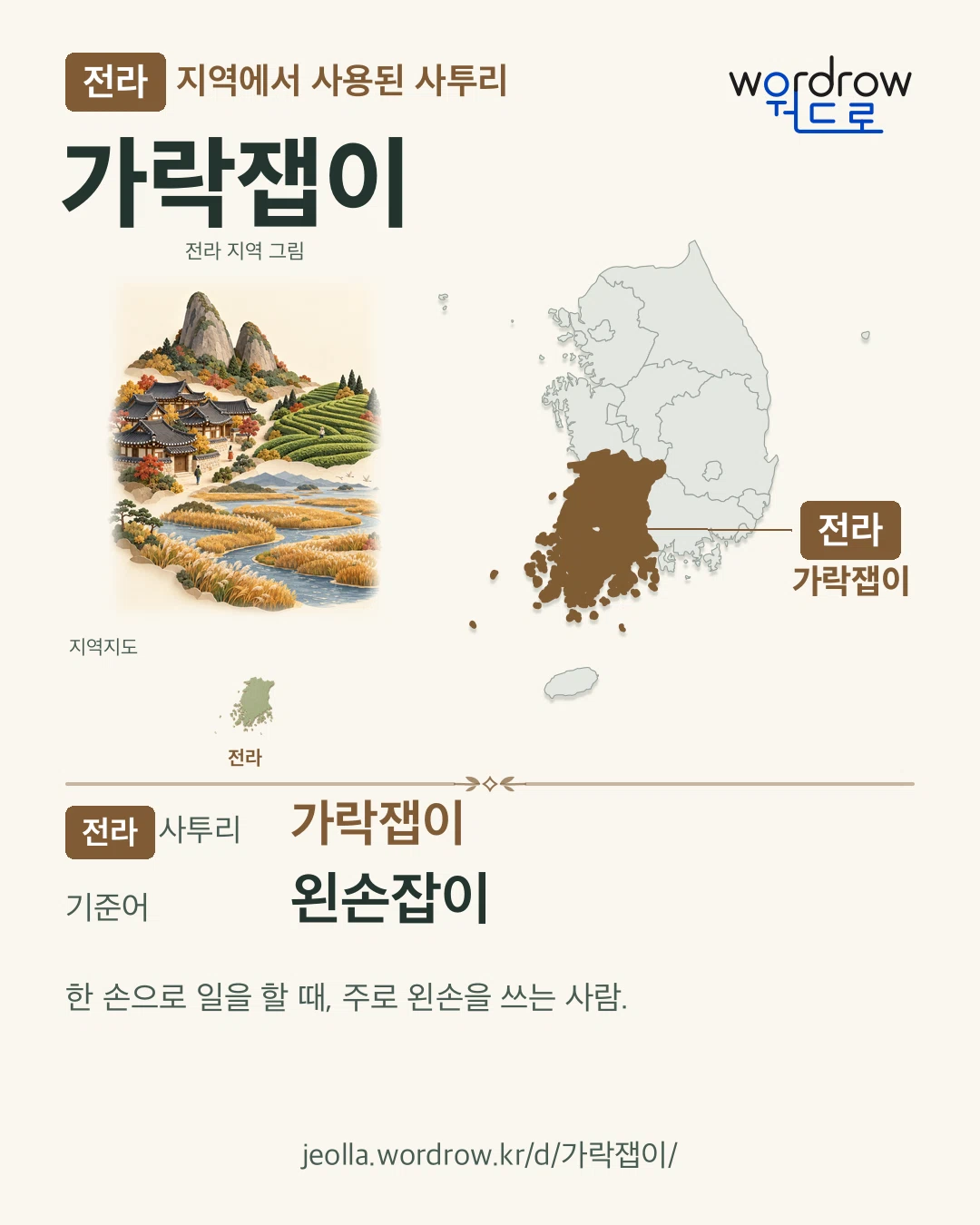전라 지역에서 사용된 사투리 ‘가락잽이’. 기준어: 왼손잡이. 기록 지역을 표시한 지역 그림과 지도 카드.