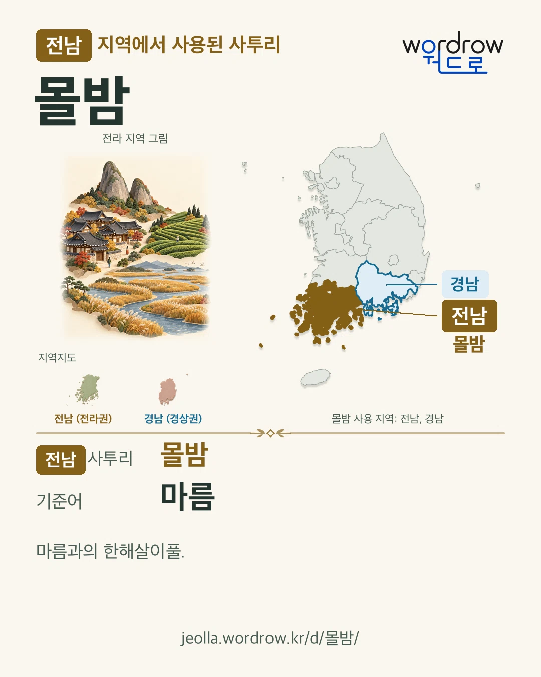 전남 지역에서 사용된 사투리 ‘몰밤’. 기준어: 마름. 기록 지역을 표시한 지역 그림과 지도 카드.