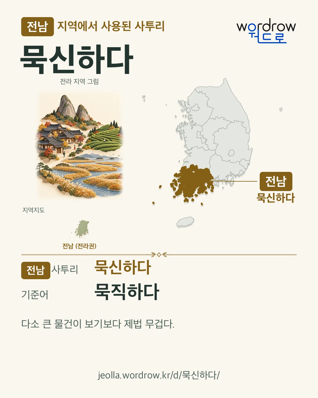 전남 지역에서 사용된 사투리 ‘묵신하다’. 기준어: 묵직하다. 기록 지역을 표시한 지역 그림과 지도 카드.