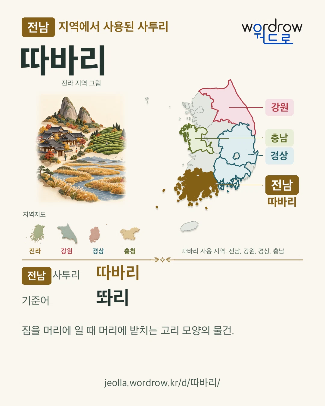 전남 지역에서 사용된 사투리 ‘따바리’. 기준어: 똬리. 기록 지역을 표시한 지역 그림과 지도 카드.