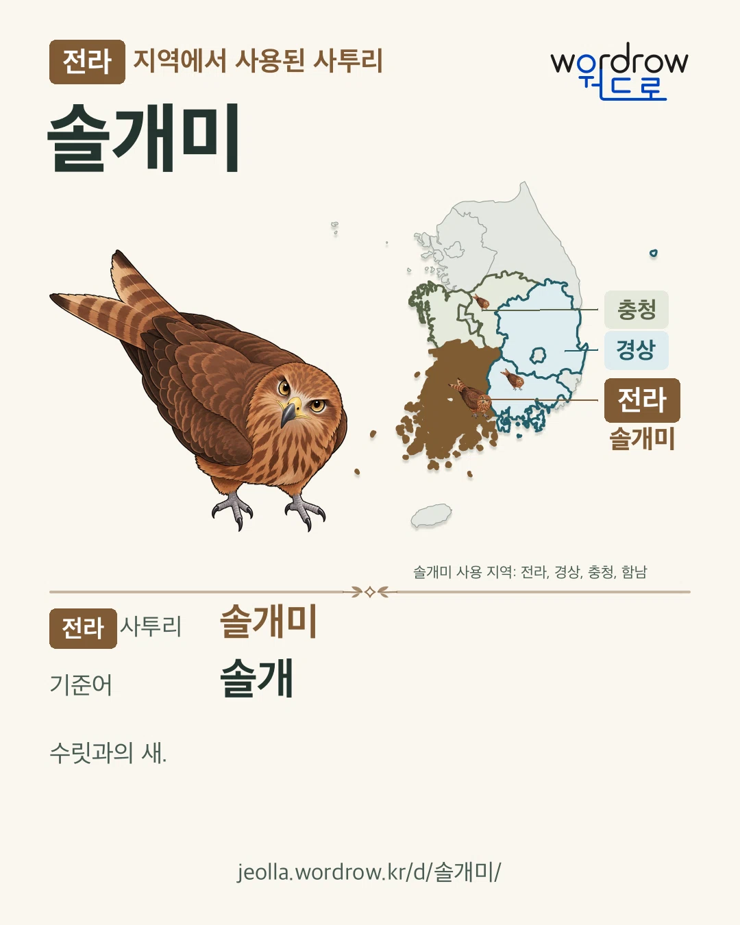 전라 지역에서 사용된 사투리 ‘솔개미’. 기준어: 솔개. 기록 지역을 표시한 카툰 삽화와 지도 카드.