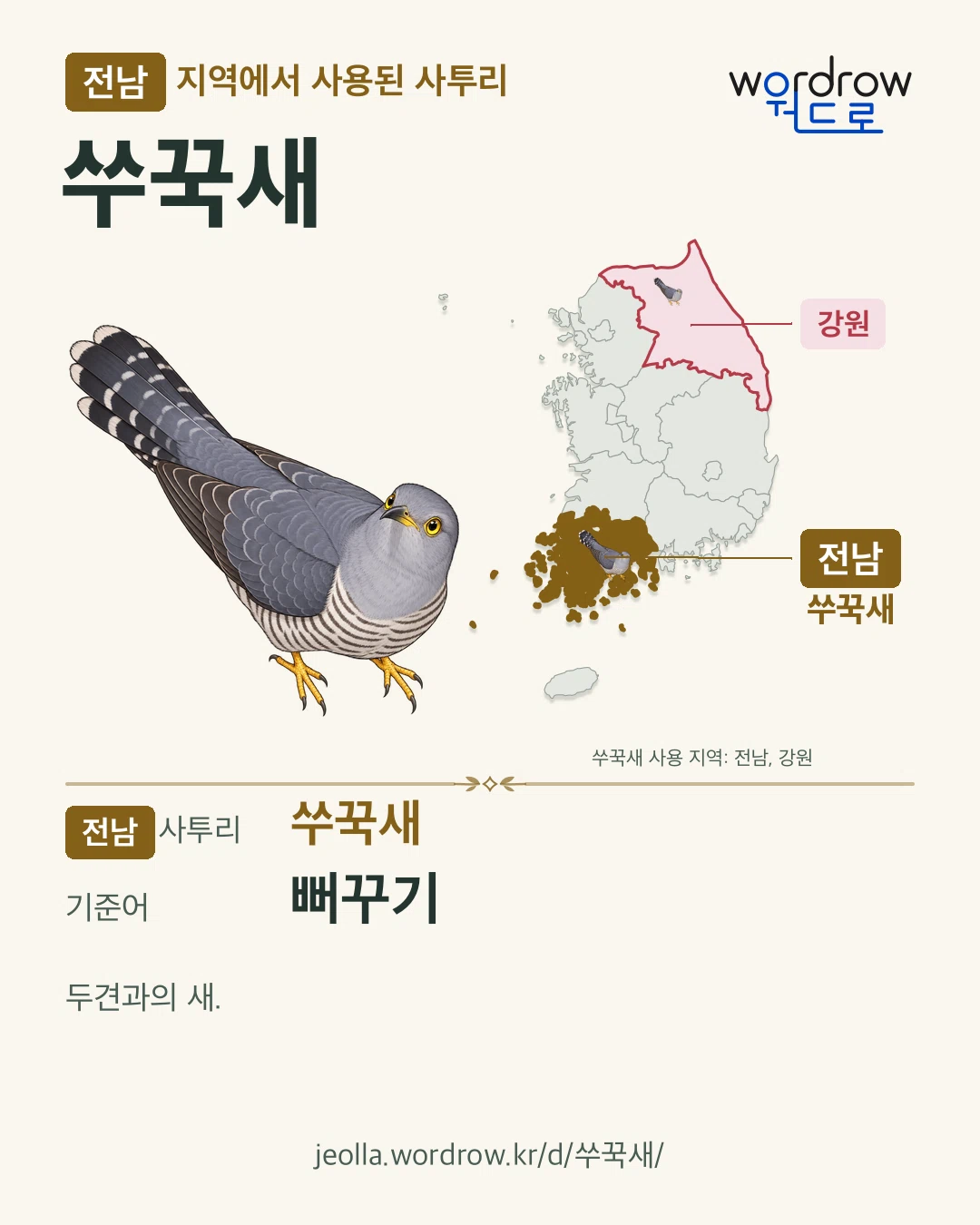 전남 지역에서 사용된 사투리 ‘쑤꾹새’. 기준어: 뻐꾸기. 기록 지역을 표시한 카툰 삽화와 지도 카드.