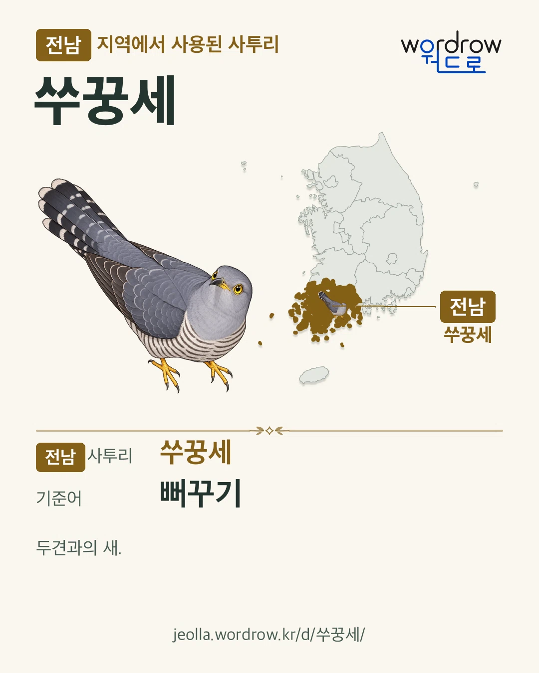 전남 지역에서 사용된 사투리 ‘쑤꿍세’. 기준어: 뻐꾸기. 기록 지역을 표시한 카툰 삽화와 지도 카드.