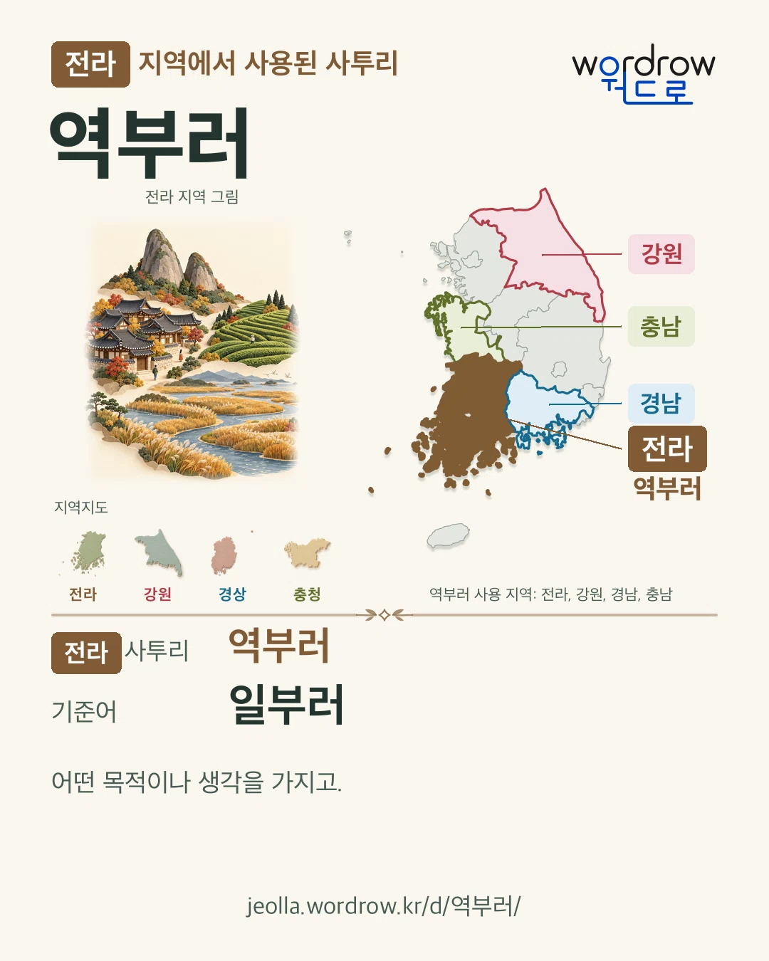 전라 지역에서 사용된 사투리 ‘역부러’. 기준어: 일부러. 기록 지역을 표시한 지역 그림과 지도 카드.