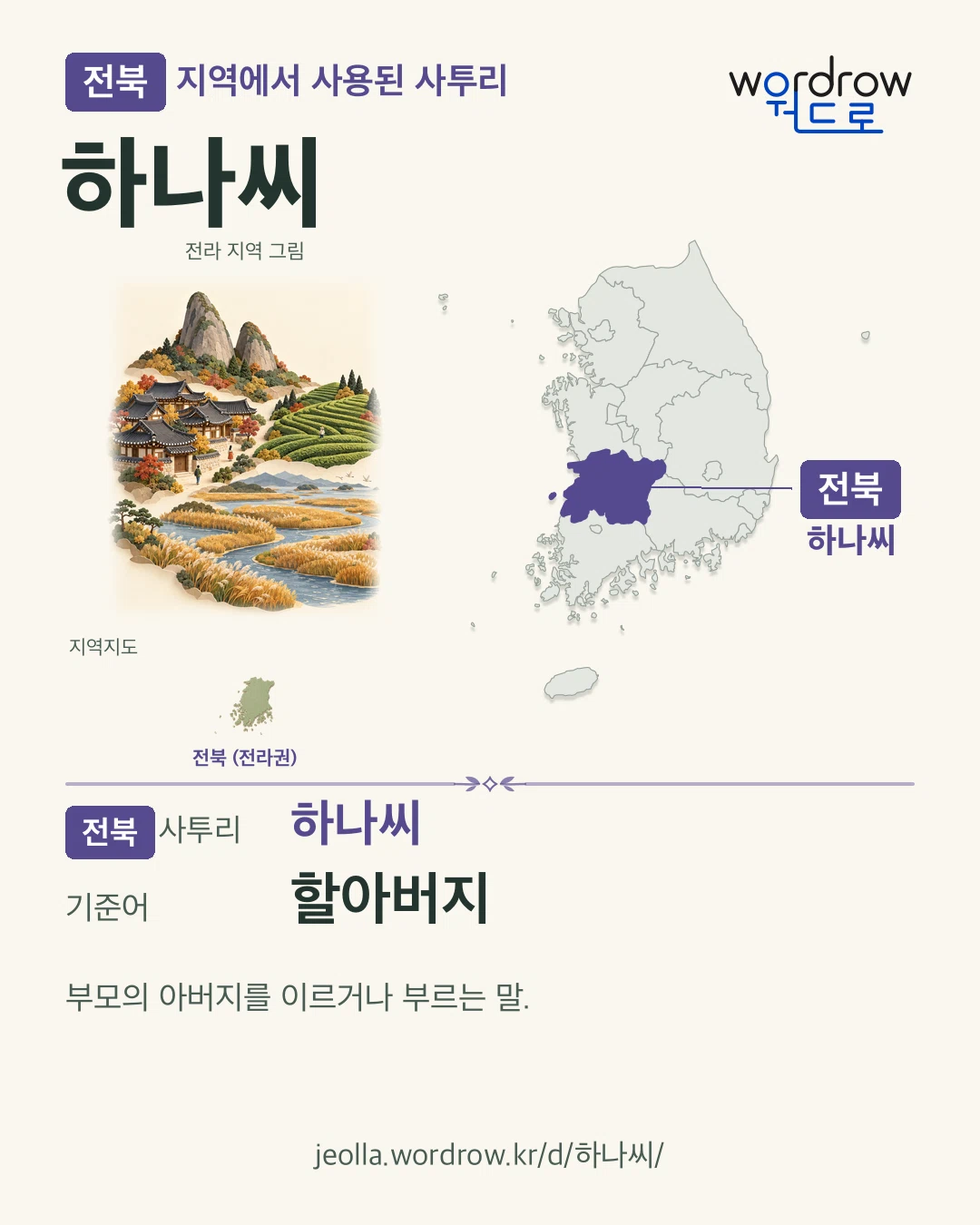 전북 지역에서 사용된 사투리 ‘하나씨’. 기준어: 할아버지. 기록 지역을 표시한 지역 그림과 지도 카드.
