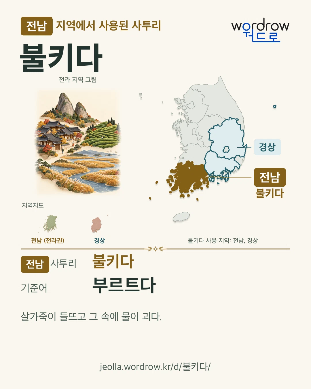 전남 지역에서 사용된 사투리 ‘불키다’. 기준어: 부르트다. 기록 지역을 표시한 지역 그림과 지도 카드.