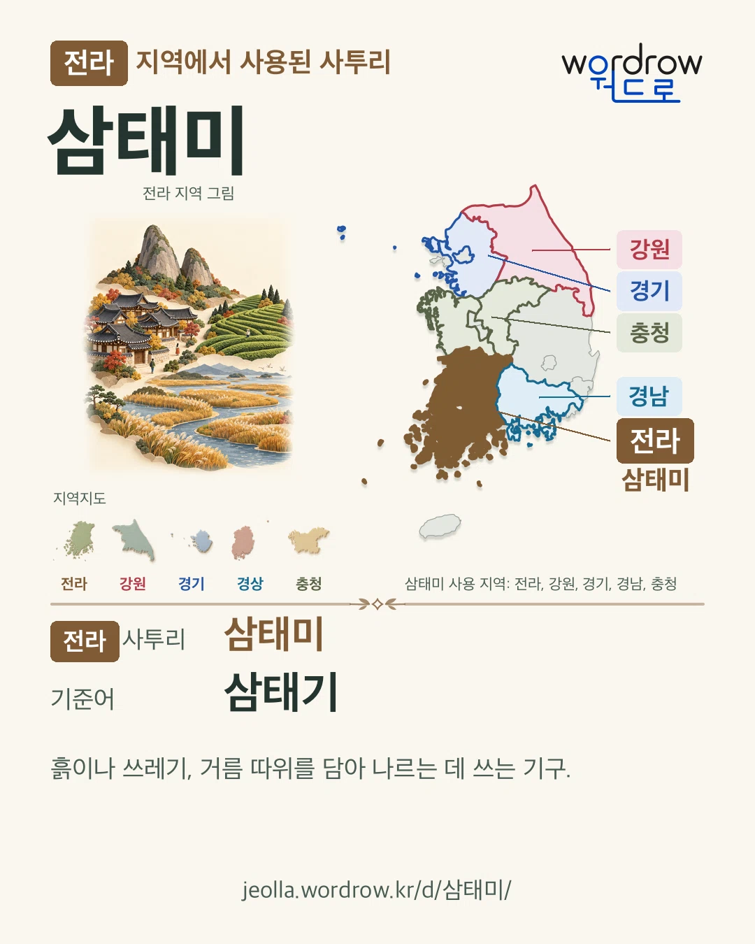 전라 지역에서 사용된 사투리 ‘삼태미’. 기준어: 삼태기. 기록 지역을 표시한 지역 그림과 지도 카드.