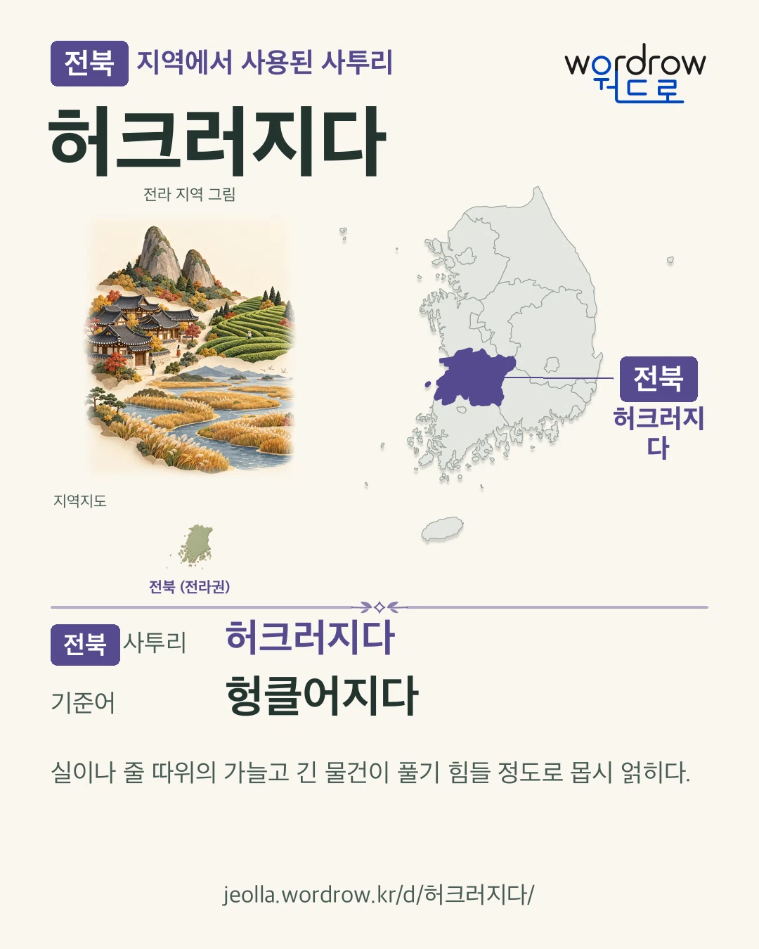전북 지역에서 사용된 사투리 ‘허크러지다’. 기준어: 헝클어지다. 기록 지역을 표시한 지역 그림과 지도 카드.