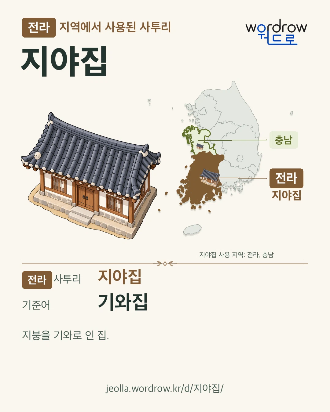 전라 지역에서 사용된 사투리 ‘지야집’. 기준어: 기와집. 기록 지역을 표시한 카툰 삽화와 지도 카드.