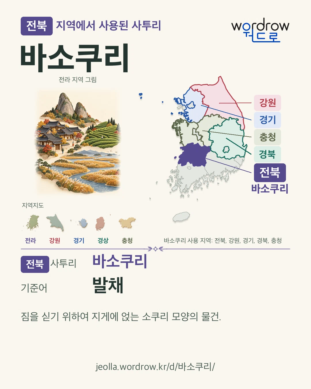 전북 지역에서 사용된 사투리 ‘바소쿠리’. 기준어: 발채. 기록 지역을 표시한 지역 그림과 지도 카드.