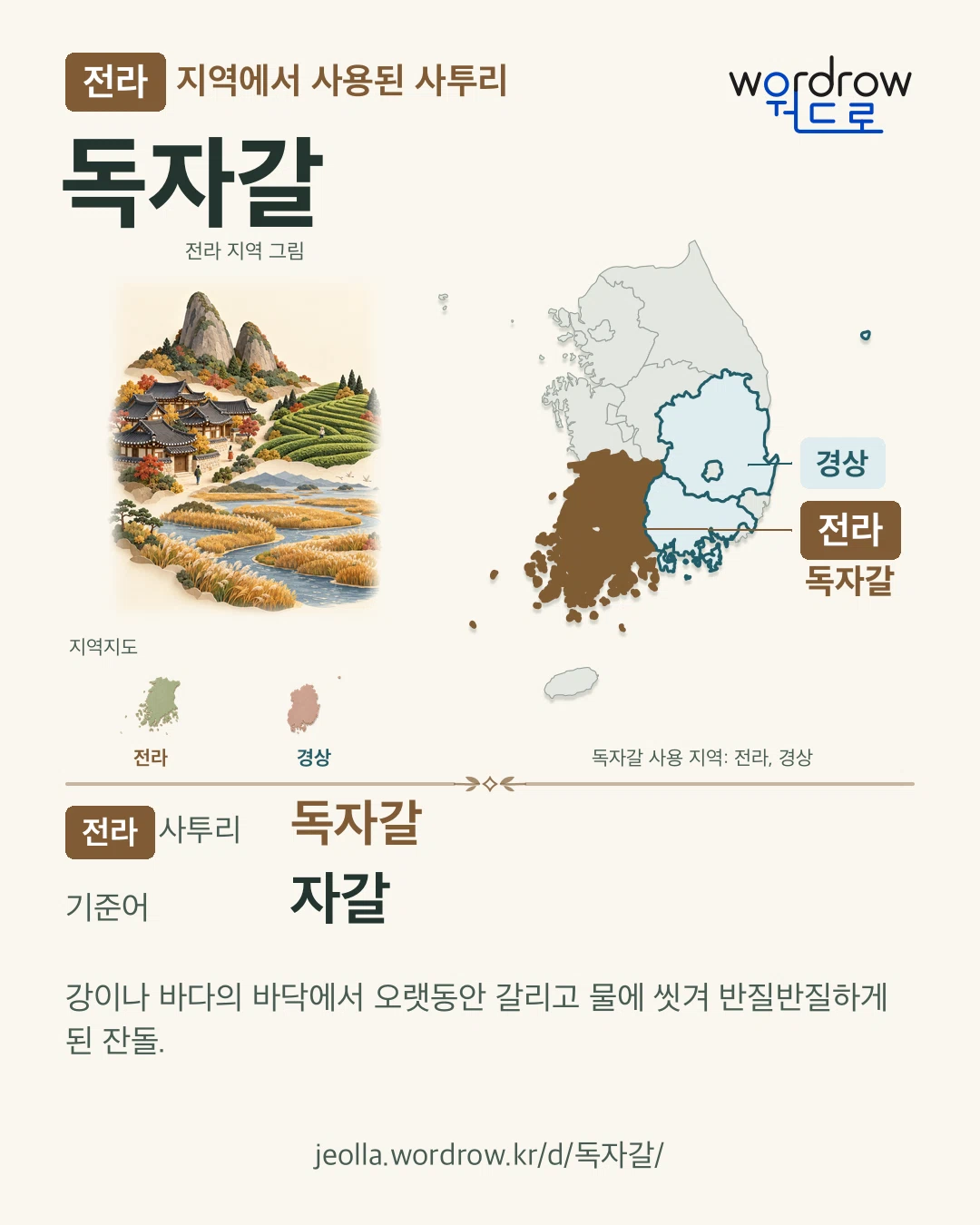 전라 지역에서 사용된 사투리 ‘독자갈’. 기준어: 자갈. 기록 지역을 표시한 지역 그림과 지도 카드.