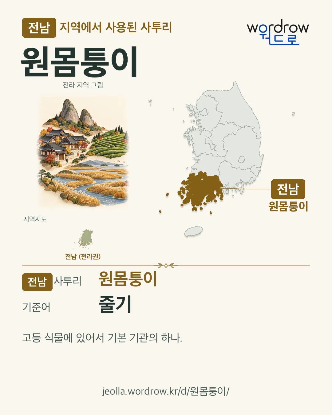 전남 지역에서 사용된 사투리 ‘원몸퉁이’. 기준어: 줄기. 기록 지역을 표시한 지역 그림과 지도 카드.