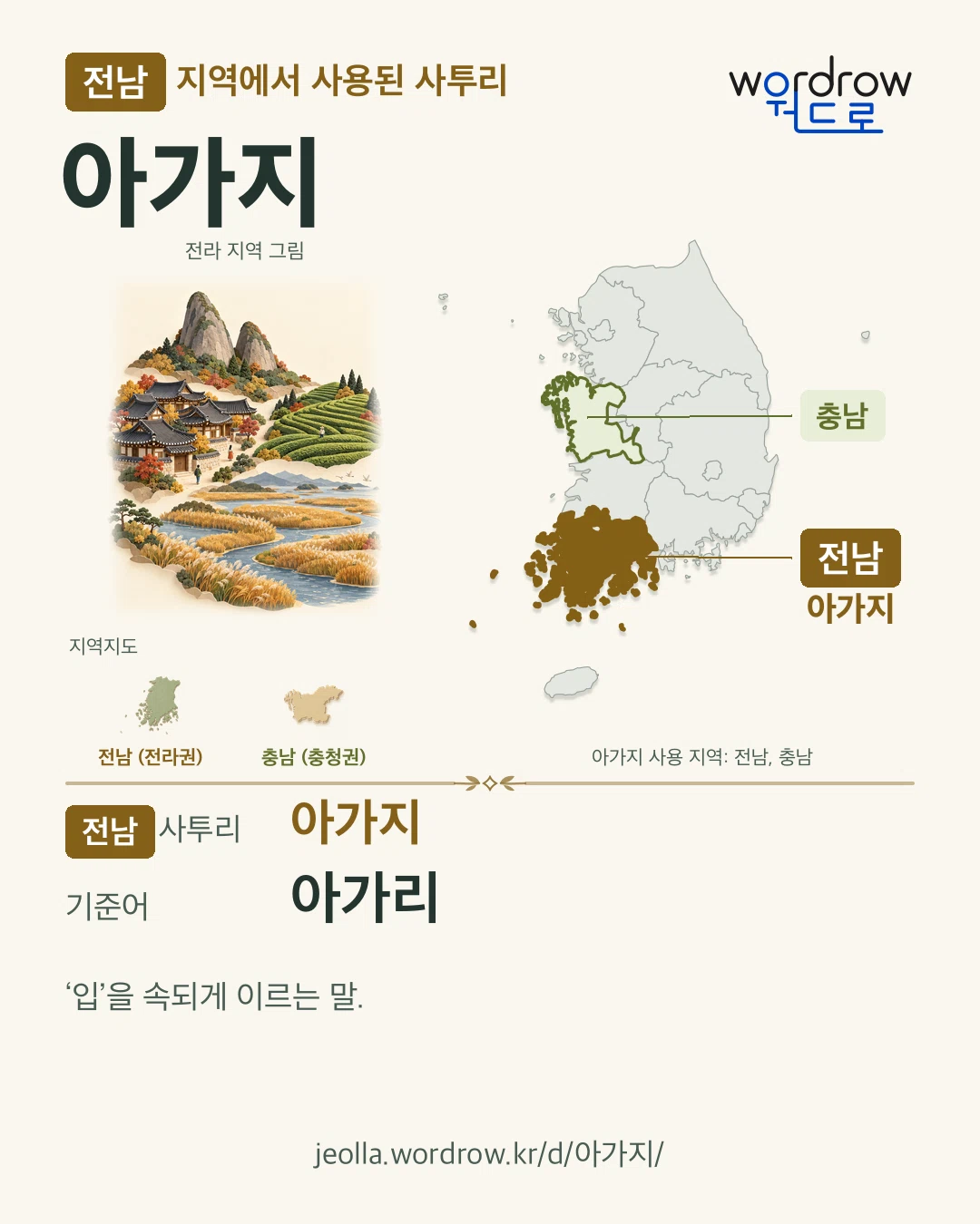 전남 지역에서 사용된 사투리 ‘아가지’. 기준어: 아가리. 기록 지역을 표시한 지역 그림과 지도 카드.