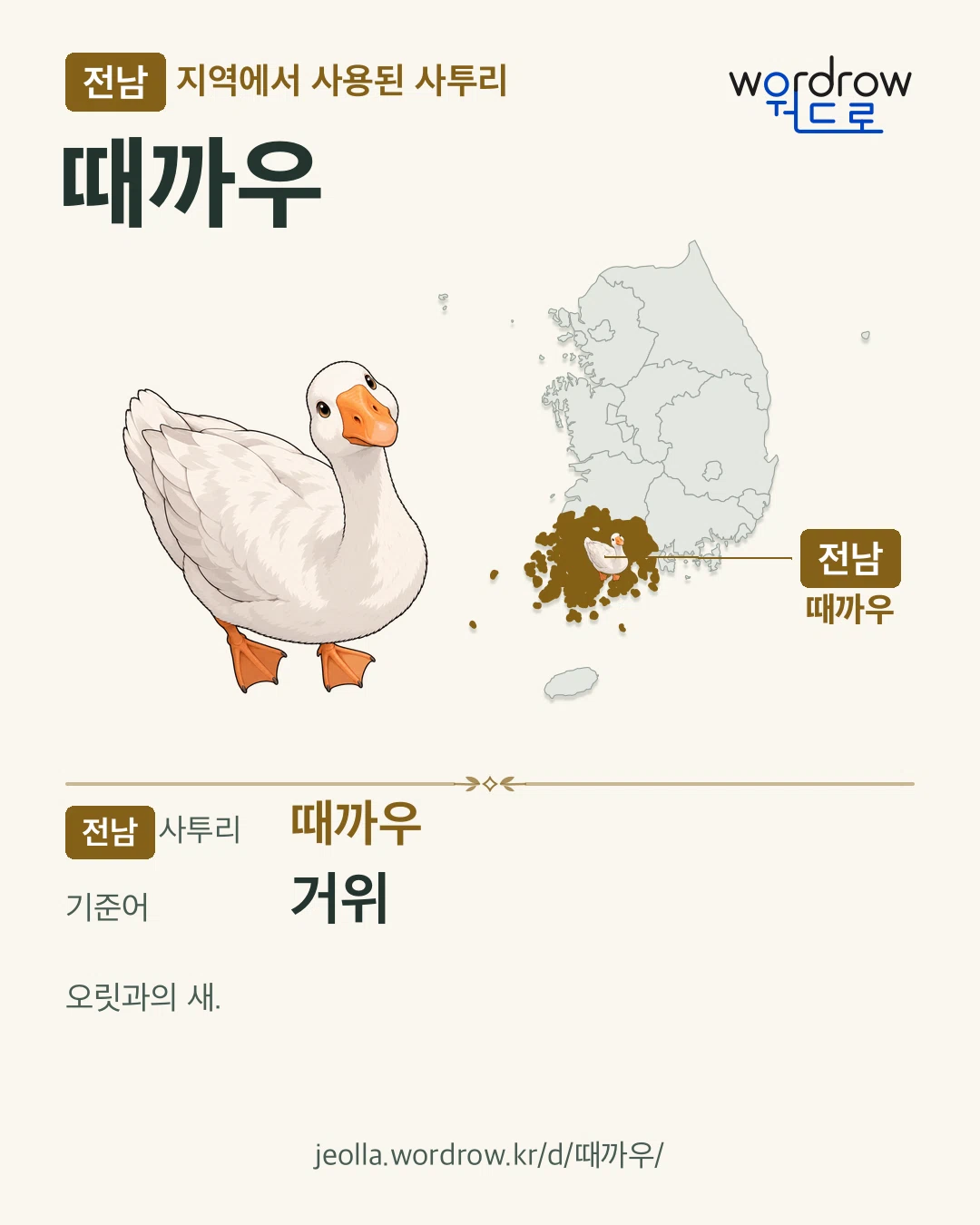전남 지역에서 사용된 사투리 ‘때까우’. 기준어: 거위. 기록 지역을 표시한 카툰 삽화와 지도 카드.