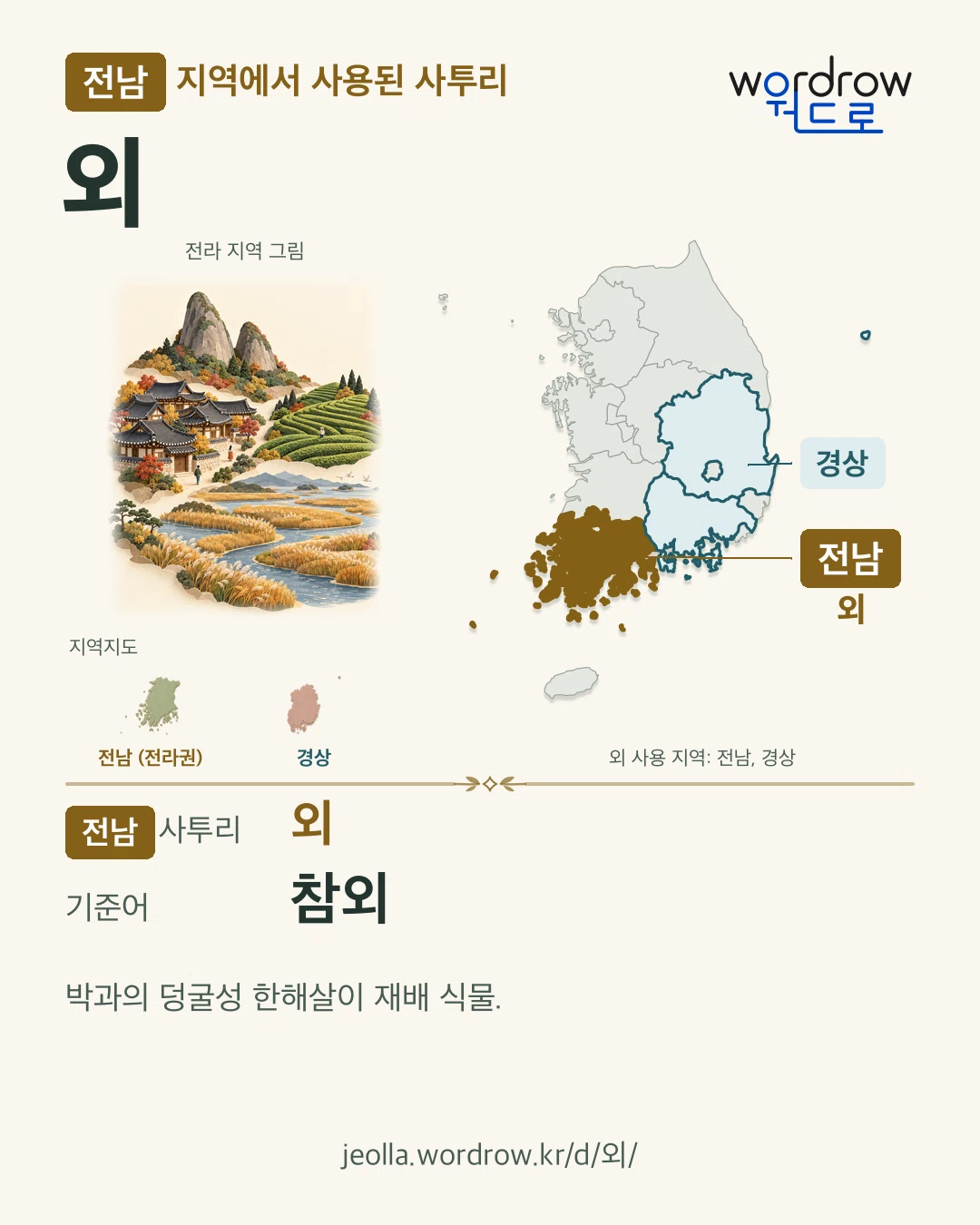 전남 지역에서 사용된 사투리 ‘외’. 기준어: 참외. 기록 지역을 표시한 지역 그림과 지도 카드.