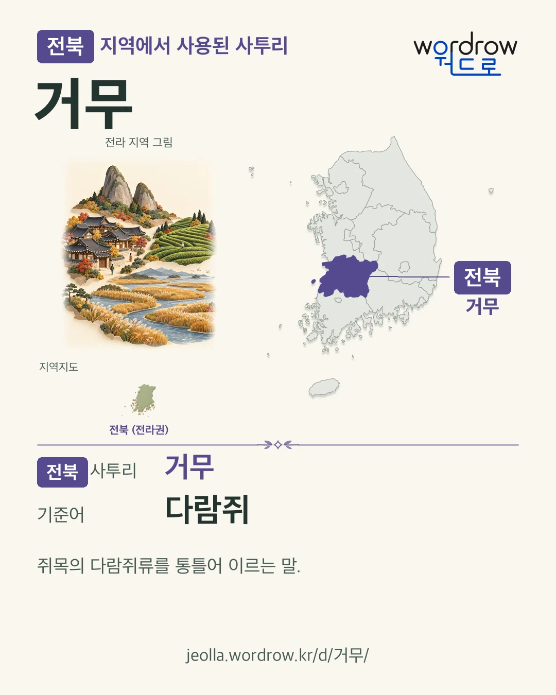 전북 지역에서 사용된 사투리 ‘거무’. 기준어: 다람쥐. 기록 지역을 표시한 지역 그림과 지도 카드.