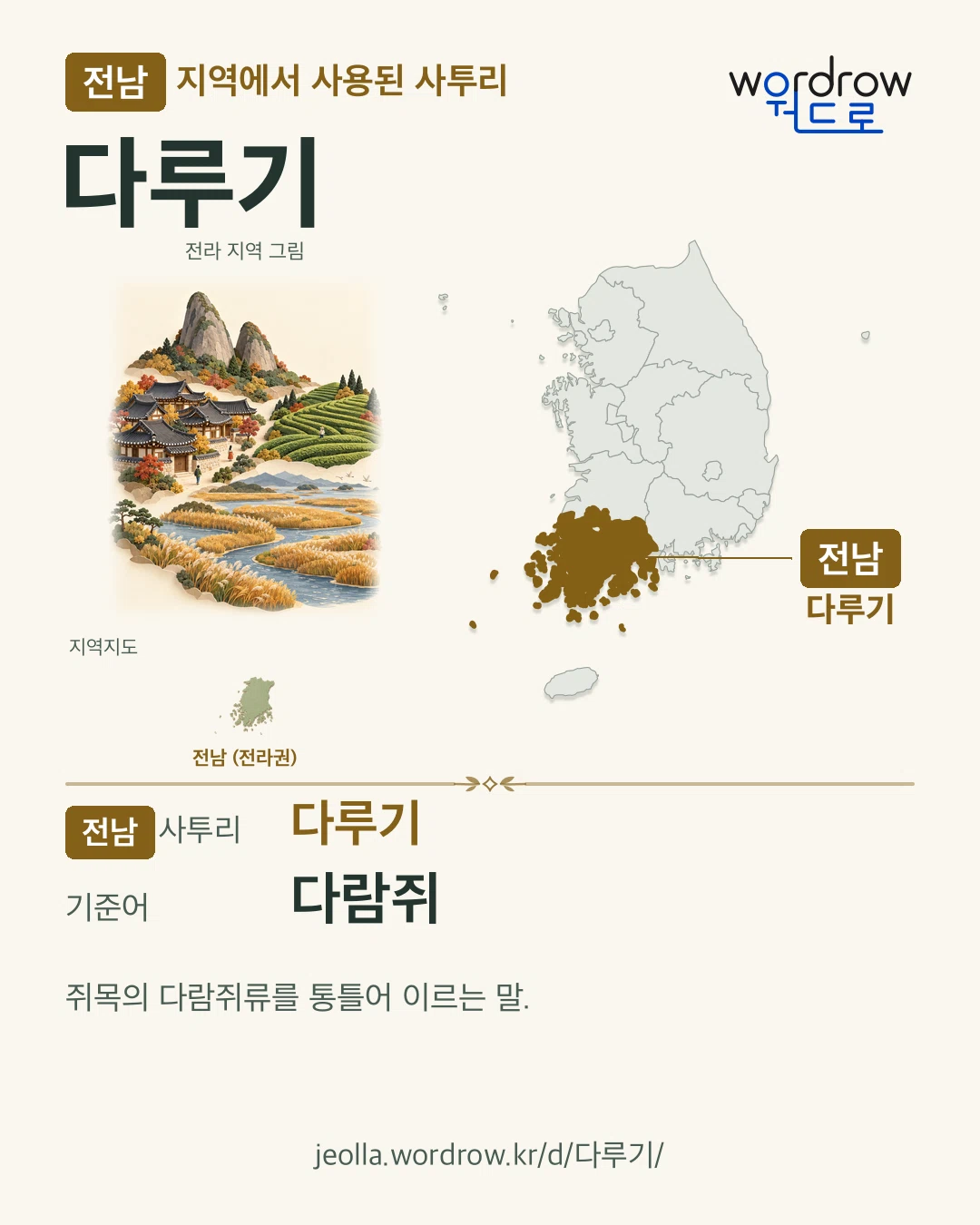 전남 지역에서 사용된 사투리 ‘다루기’. 기준어: 다람쥐. 기록 지역을 표시한 지역 그림과 지도 카드.