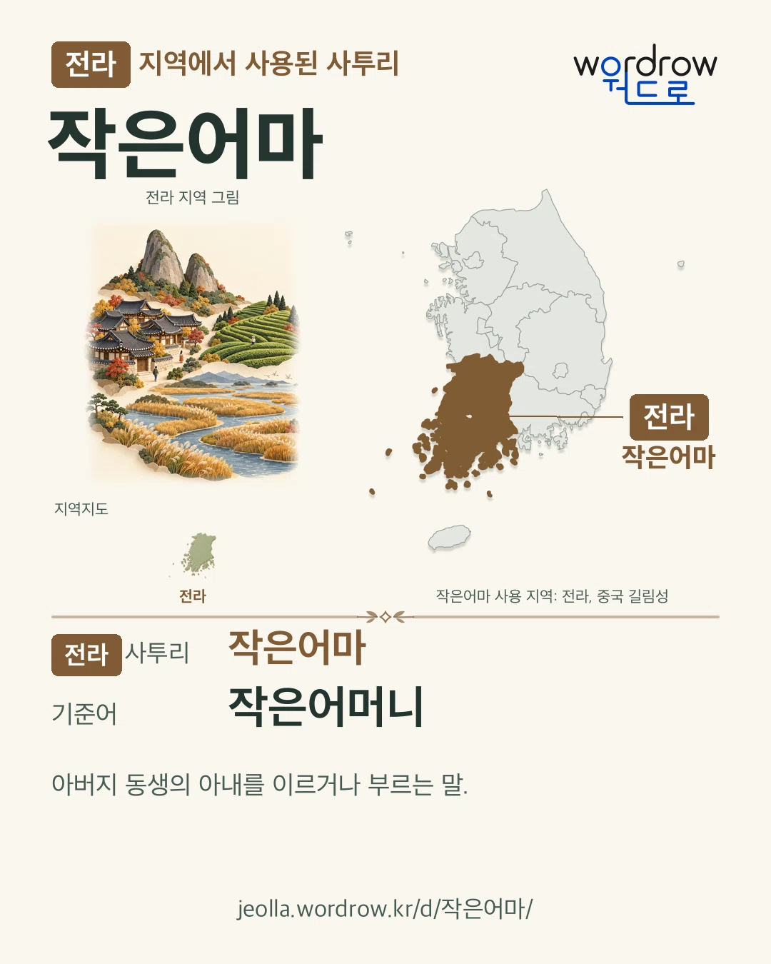 전라 지역에서 사용된 사투리 ‘작은어마’. 기준어: 작은어머니. 기록 지역을 표시한 지역 그림과 지도 카드.