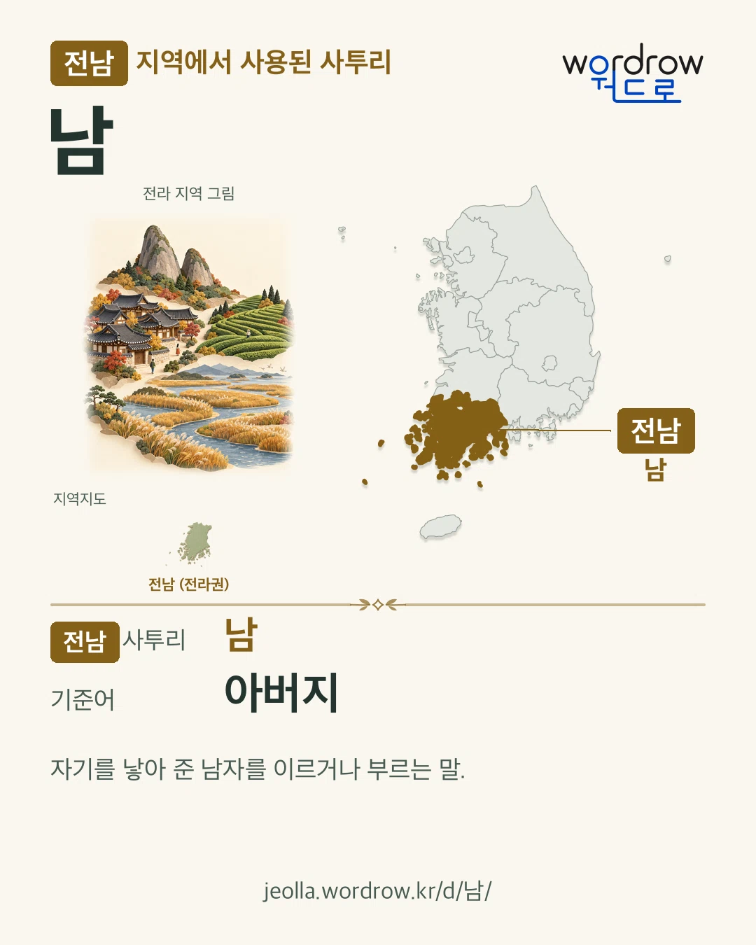 전남 지역에서 사용된 사투리 ‘남’. 기준어: 아버지. 기록 지역을 표시한 지역 그림과 지도 카드.