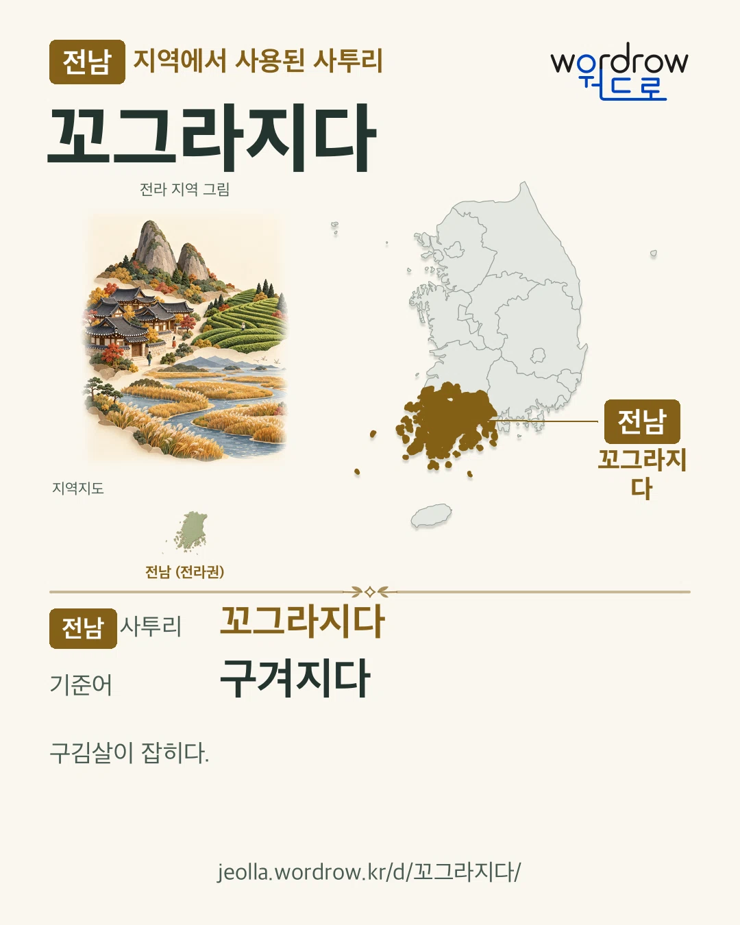 전남 지역에서 사용된 사투리 ‘꼬그라지다’. 기준어: 구겨지다. 기록 지역을 표시한 지역 그림과 지도 카드.
