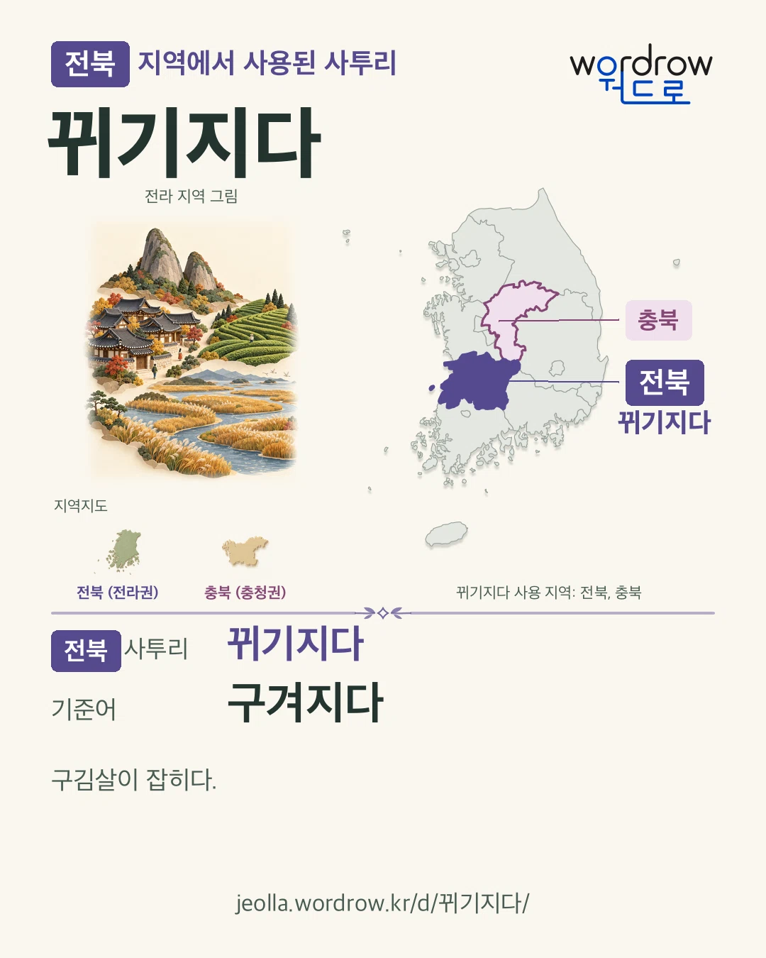 전북 지역에서 사용된 사투리 ‘뀌기지다’. 기준어: 구겨지다. 기록 지역을 표시한 지역 그림과 지도 카드.