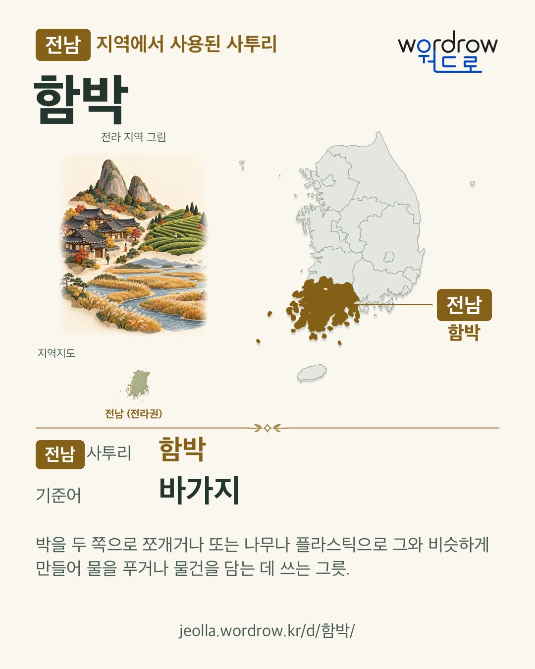 전남 지역에서 사용된 사투리 ‘함박’. 기준어: 바가지. 기록 지역을 표시한 지역 그림과 지도 카드.