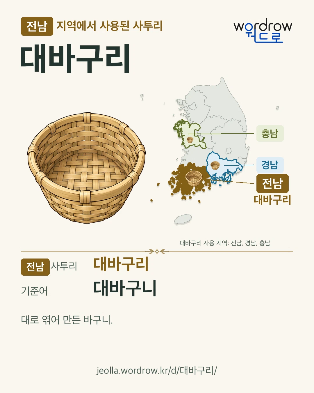 전남 지역에서 사용된 사투리 ‘대바구리’. 기준어: 대바구니. 기록 지역을 표시한 카툰 삽화와 지도 카드.