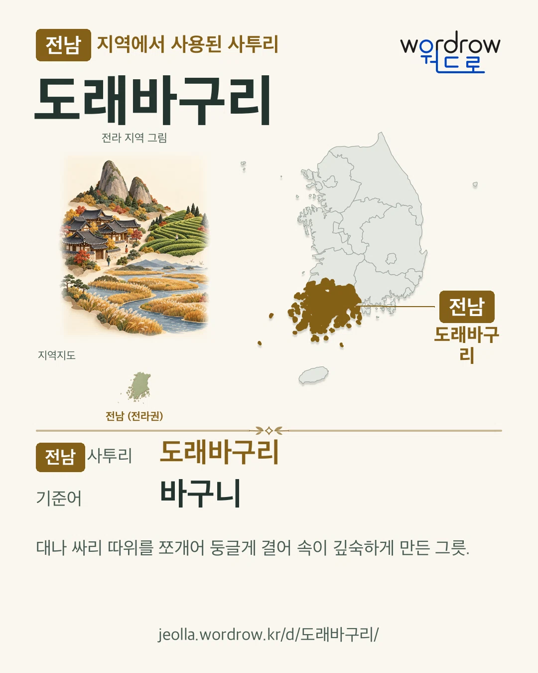 전남 지역에서 사용된 사투리 ‘도래바구리’. 기준어: 바구니. 기록 지역을 표시한 지역 그림과 지도 카드.