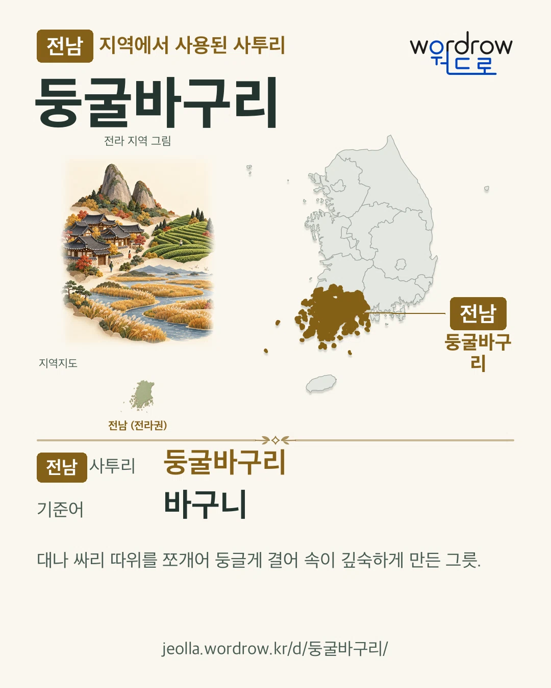 전남 지역에서 사용된 사투리 ‘둥굴바구리’. 기준어: 바구니. 기록 지역을 표시한 지역 그림과 지도 카드.