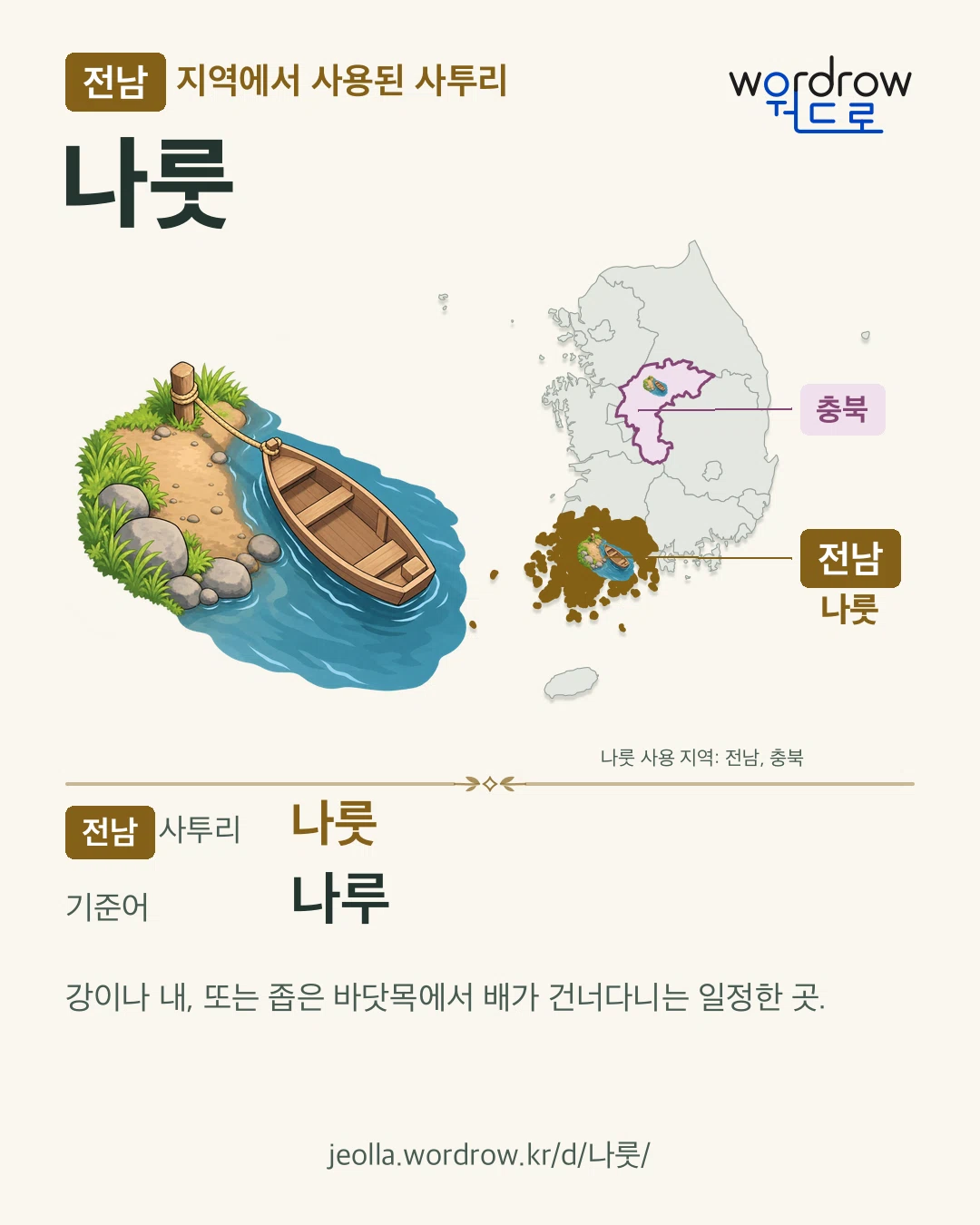 전남 지역에서 사용된 사투리 ‘나룻’. 기준어: 나루. 기록 지역을 표시한 카툰 삽화와 지도 카드.
