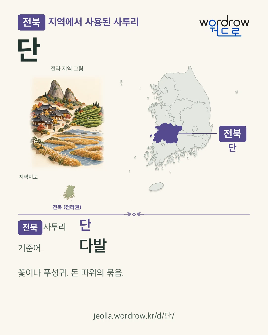 전북 지역에서 사용된 사투리 ‘단’. 기준어: 다발. 기록 지역을 표시한 지역 그림과 지도 카드.