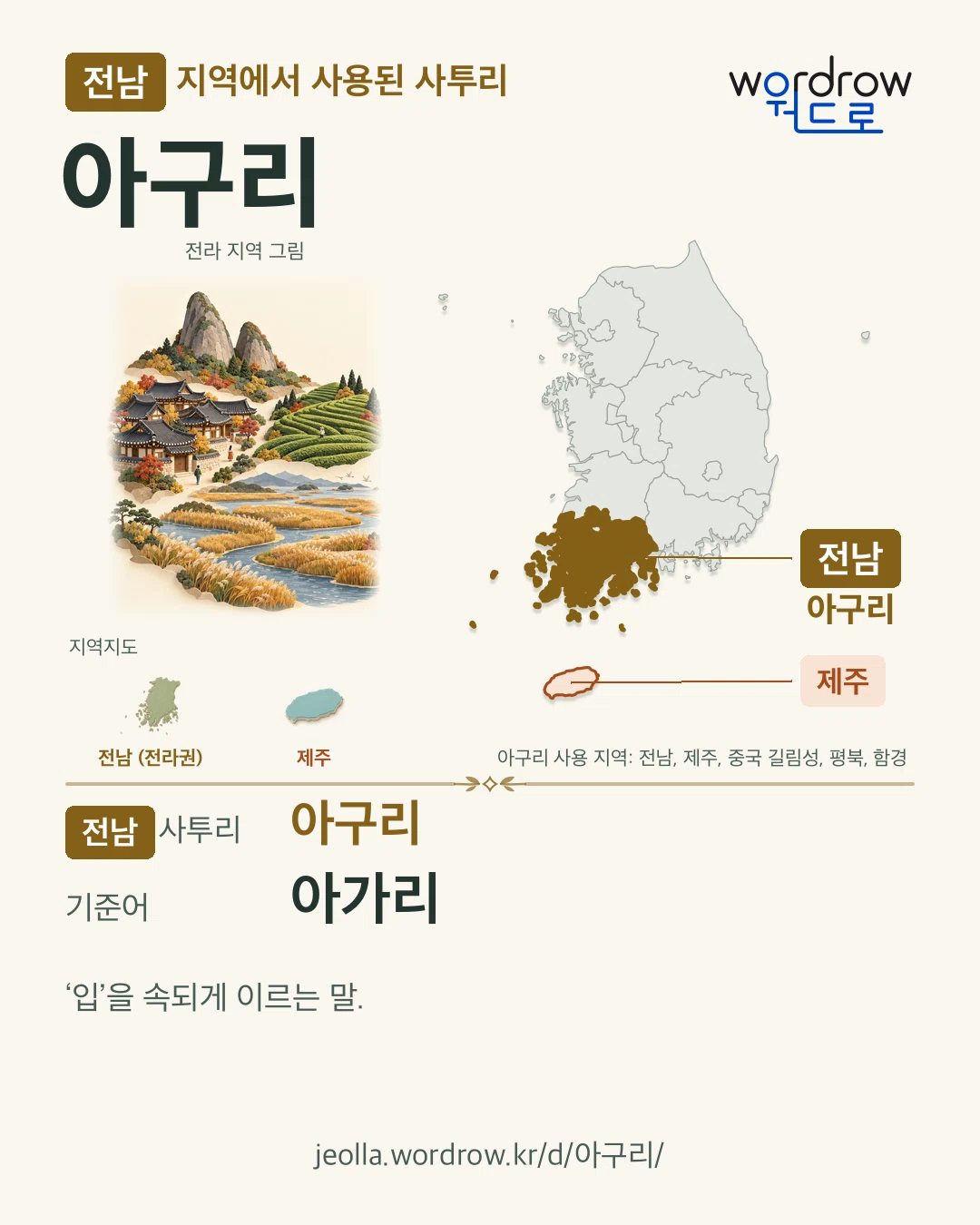 전남 지역에서 사용된 사투리 ‘아구리’. 기준어: 아가리. 기록 지역을 표시한 지역 그림과 지도 카드.