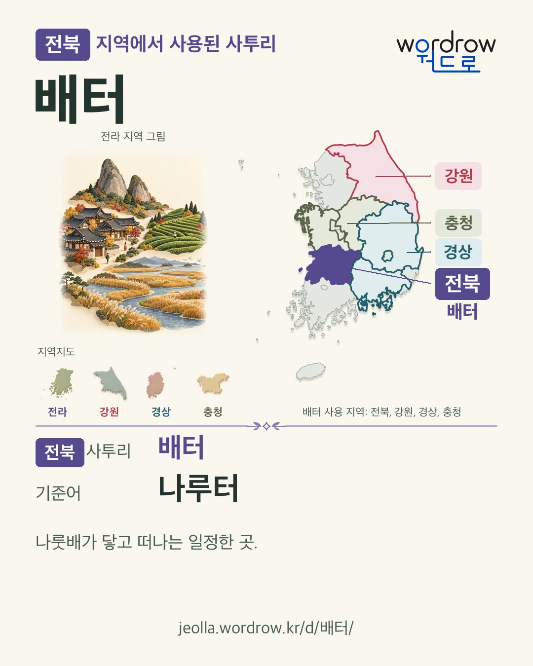 전북 지역에서 사용된 사투리 ‘배터’. 기준어: 나루터. 기록 지역을 표시한 지역 그림과 지도 카드.