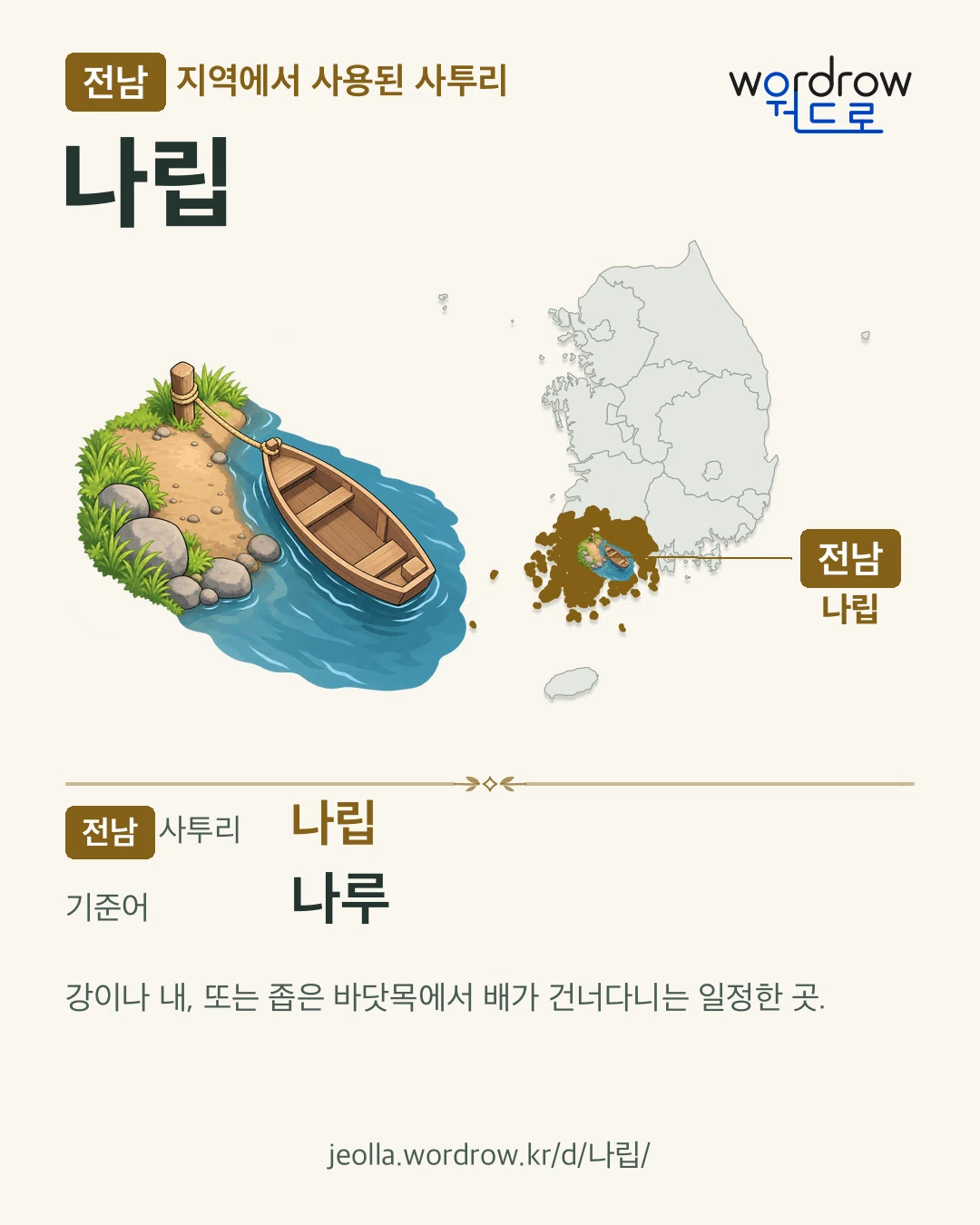 전남 지역에서 사용된 사투리 ‘나립’. 기준어: 나루. 기록 지역을 표시한 카툰 삽화와 지도 카드.