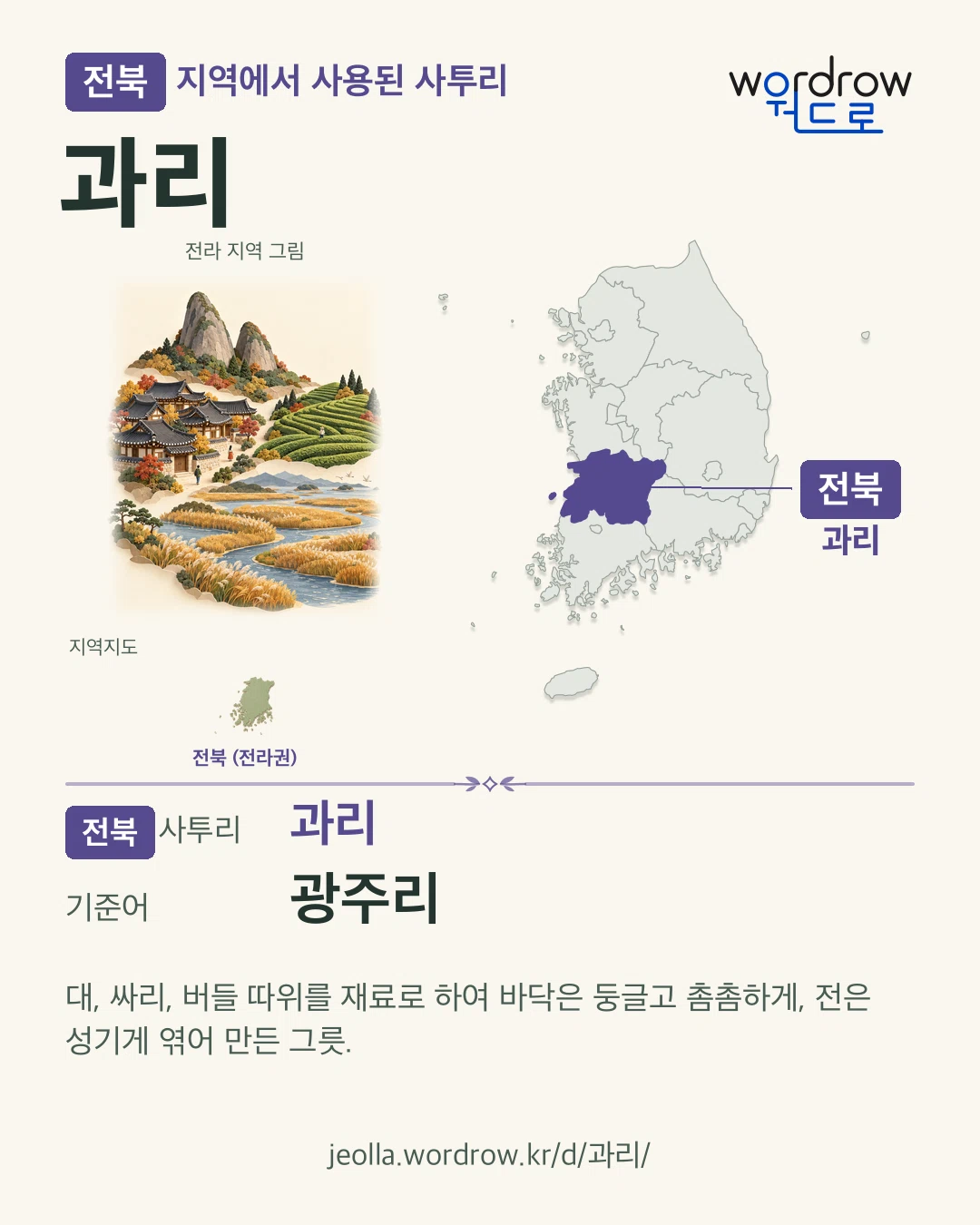 전북 지역에서 사용된 사투리 ‘과리’. 기준어: 광주리. 기록 지역을 표시한 지역 그림과 지도 카드.