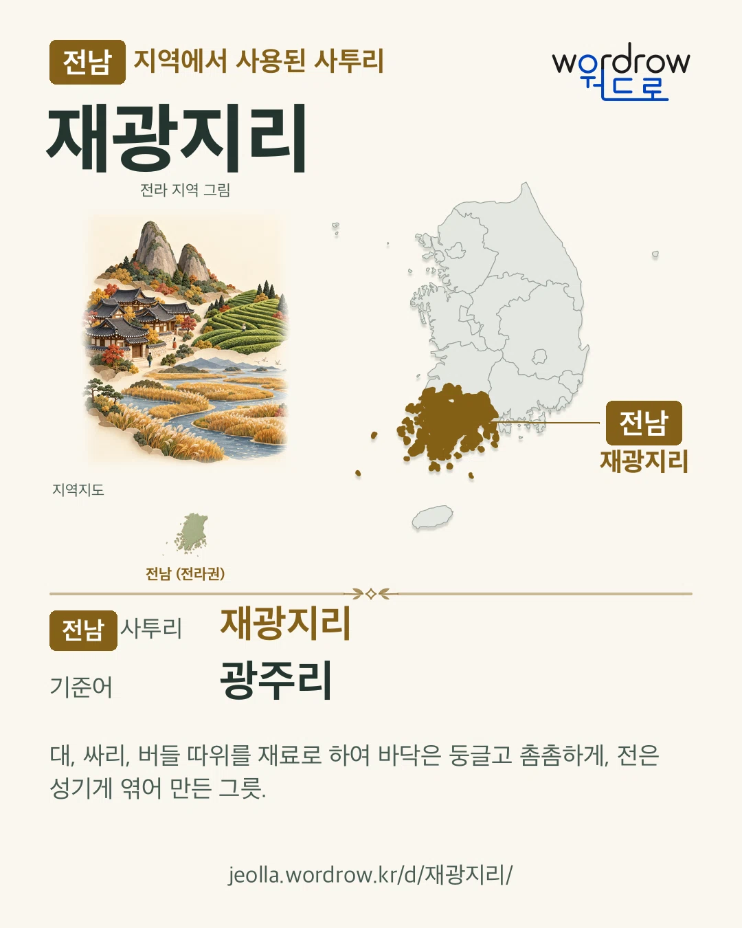 전남 지역에서 사용된 사투리 ‘재광지리’. 기준어: 광주리. 기록 지역을 표시한 지역 그림과 지도 카드.