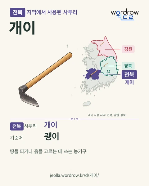개이의 괭이 뜻과 기록 지역을 보여 주는 지도형 카드